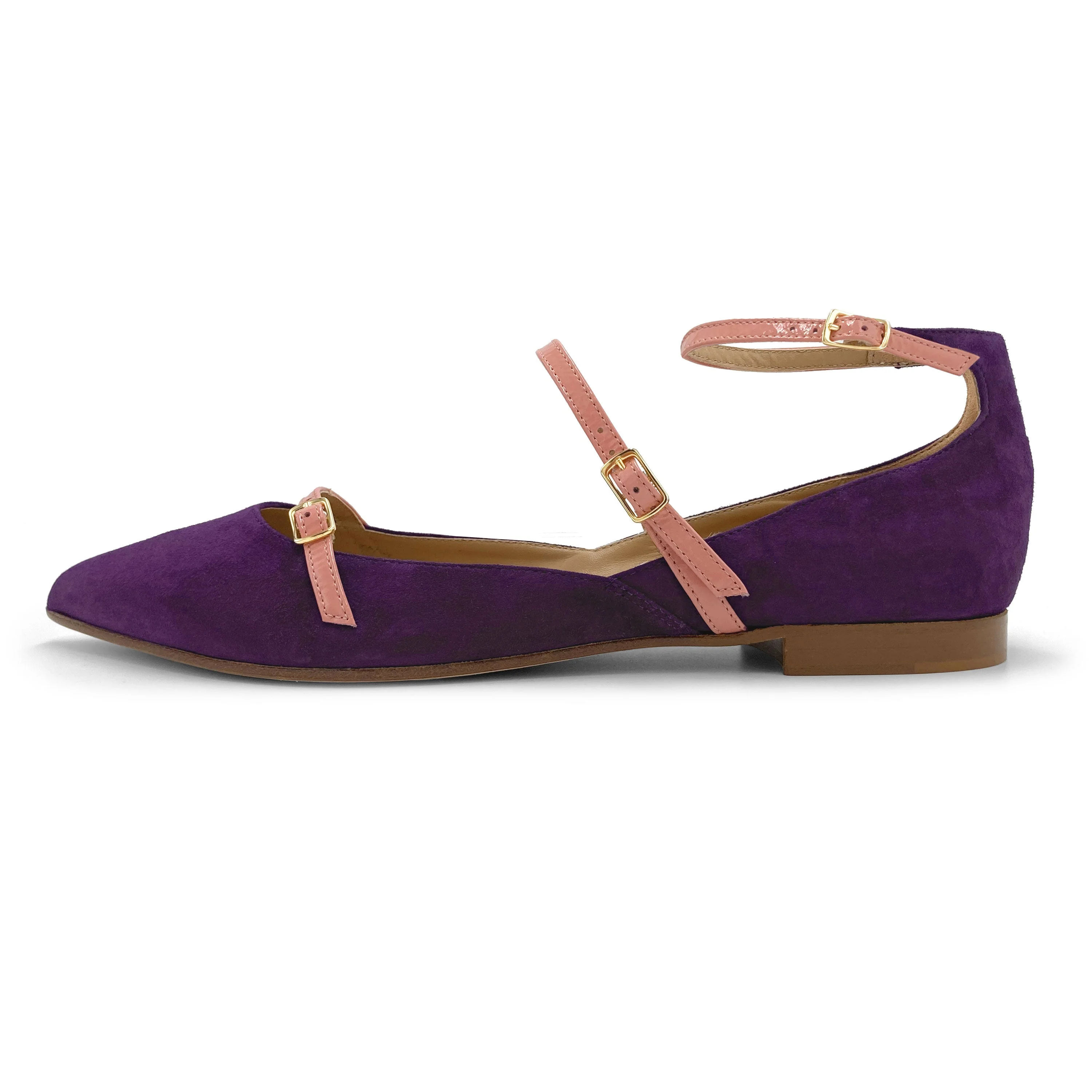 Purple suede pointed ballet flats with pink straps - Image 4
