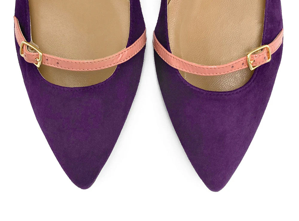 Purple suede pointed ballet flats with pink straps - Image 5