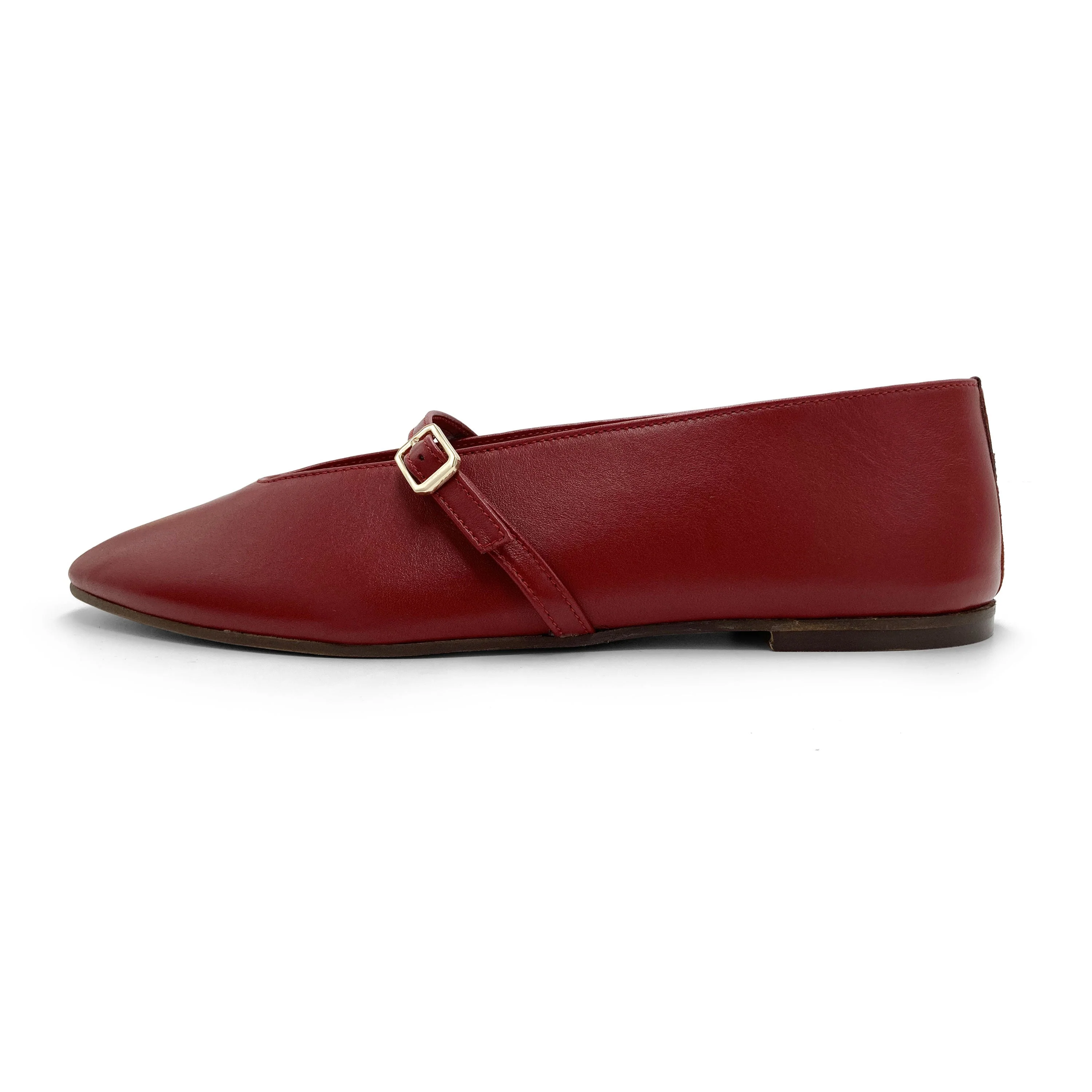 Red leather ballet flats with V-cut and strap - Image 3