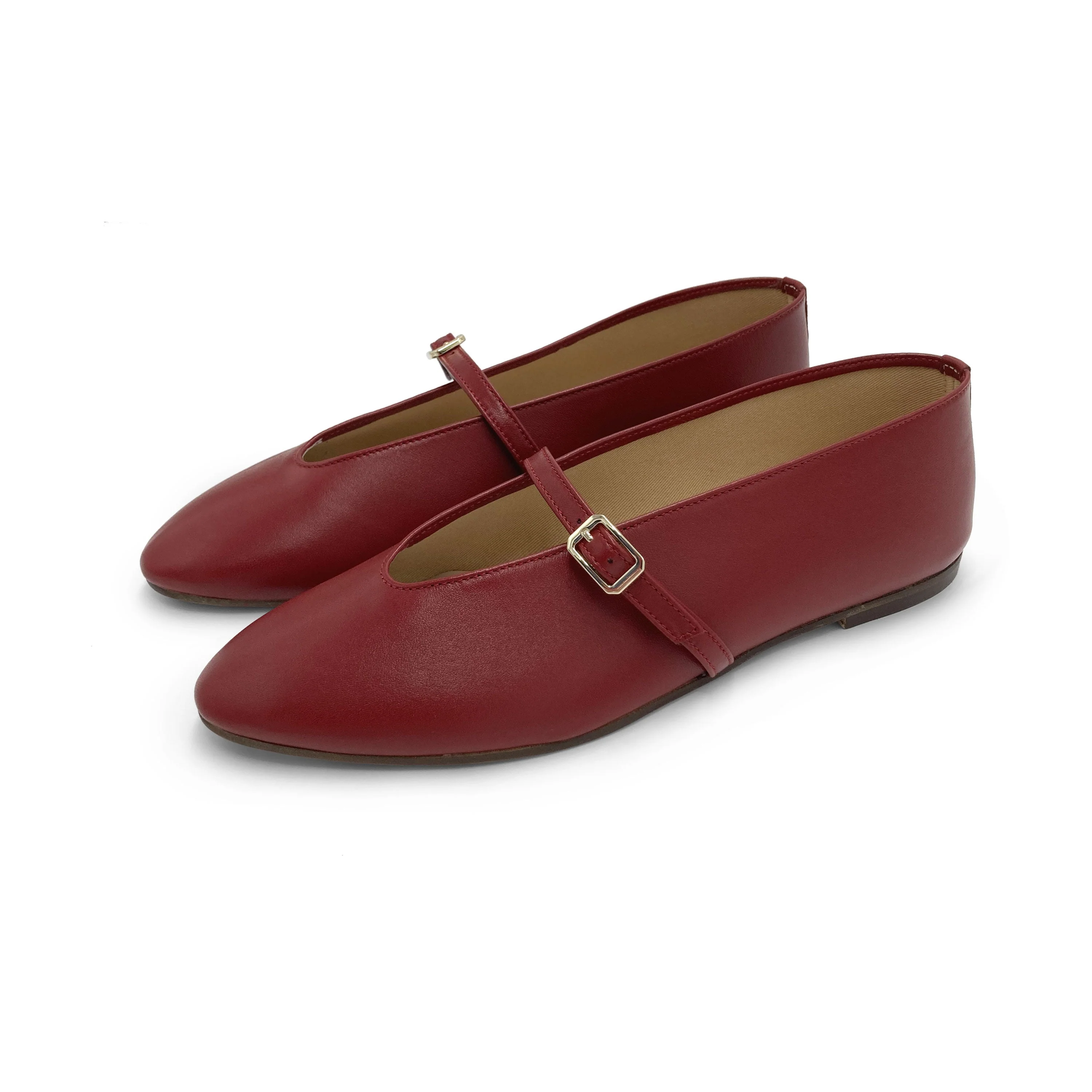 Red leather ballet flats with V-cut and strap - Image 5
