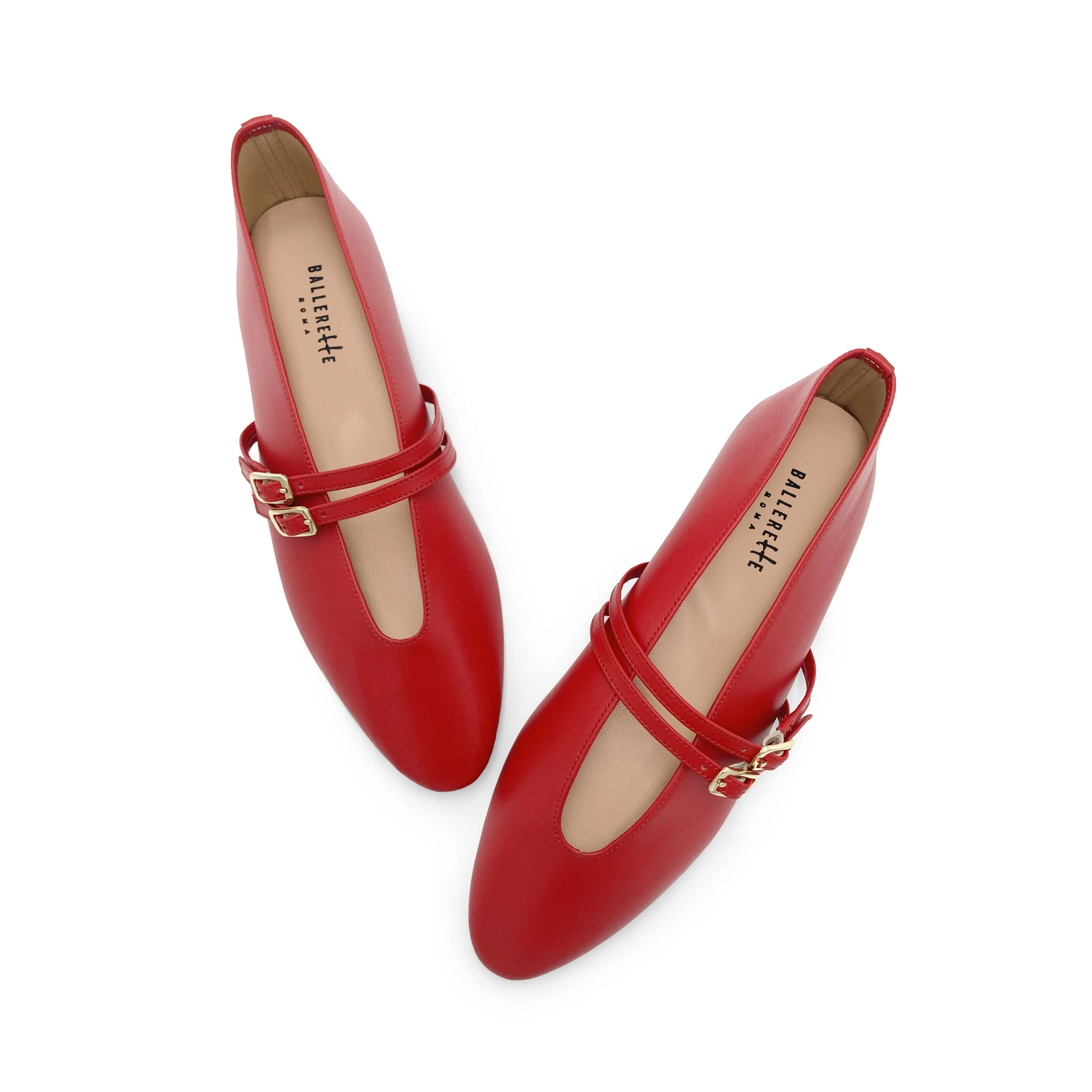 Red leather ballet flats with V cut and straps - Image 2