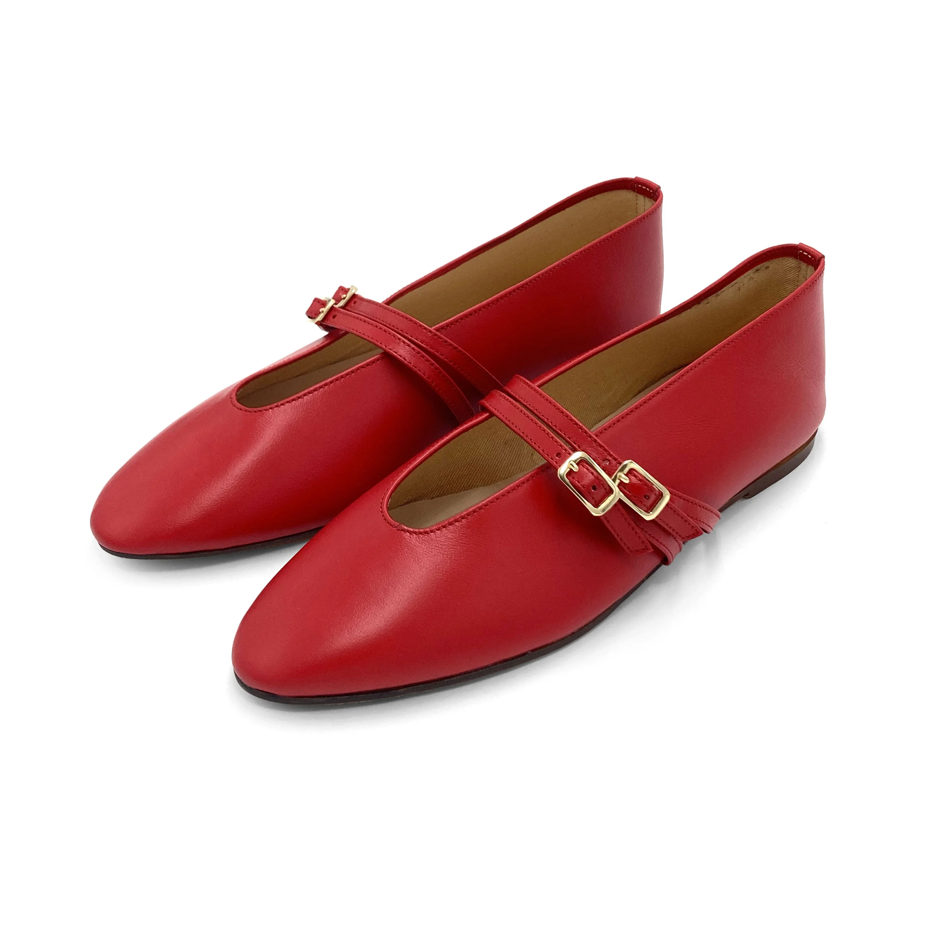 Red leather ballet flats with V cut and straps - Image 4