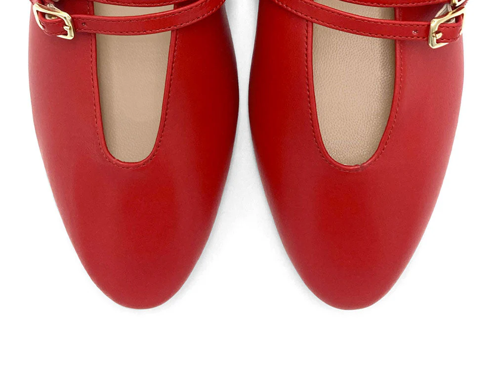 Red leather ballet flats with V cut and straps - Image 6