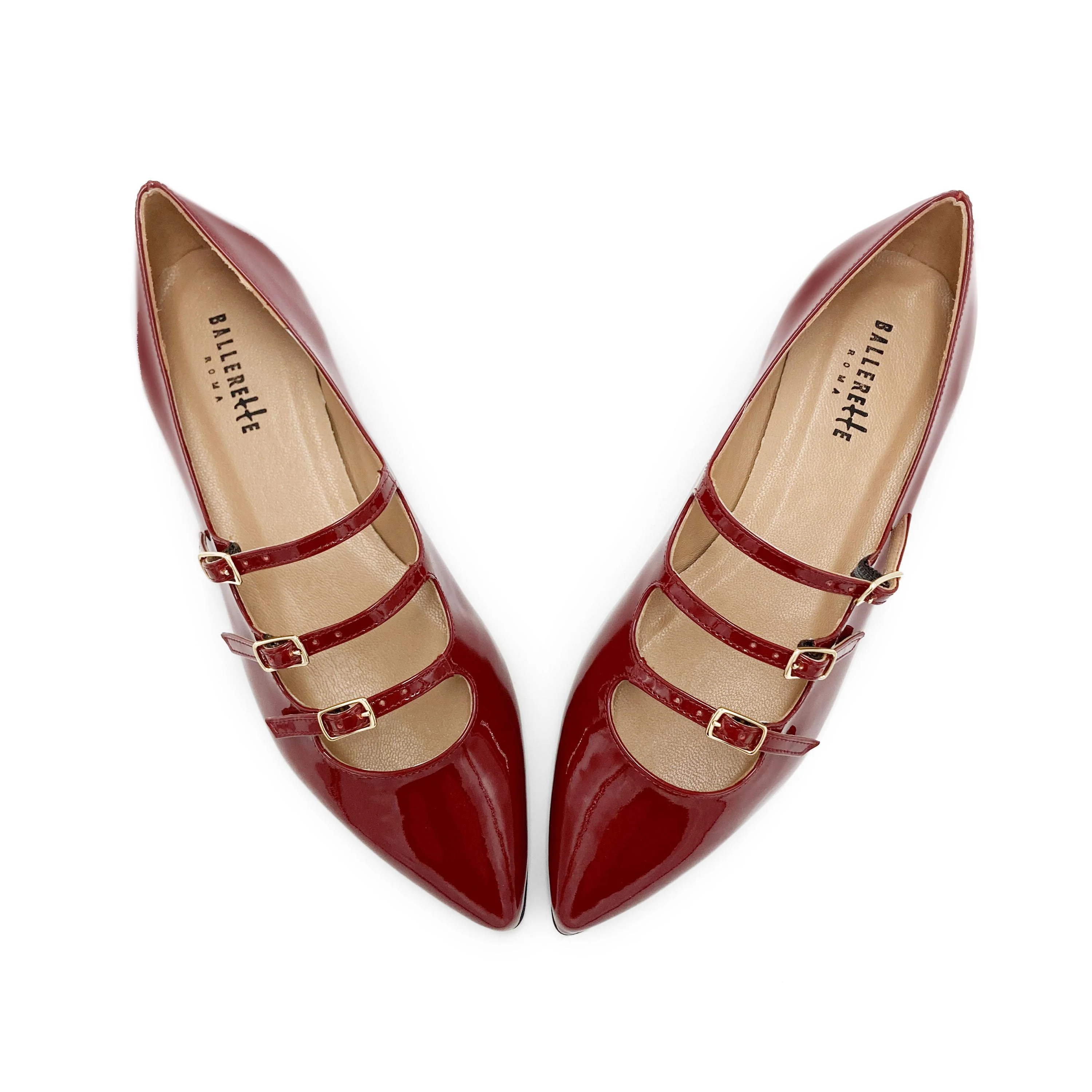Red shiny pointed ballet flats with three straps - Image 2