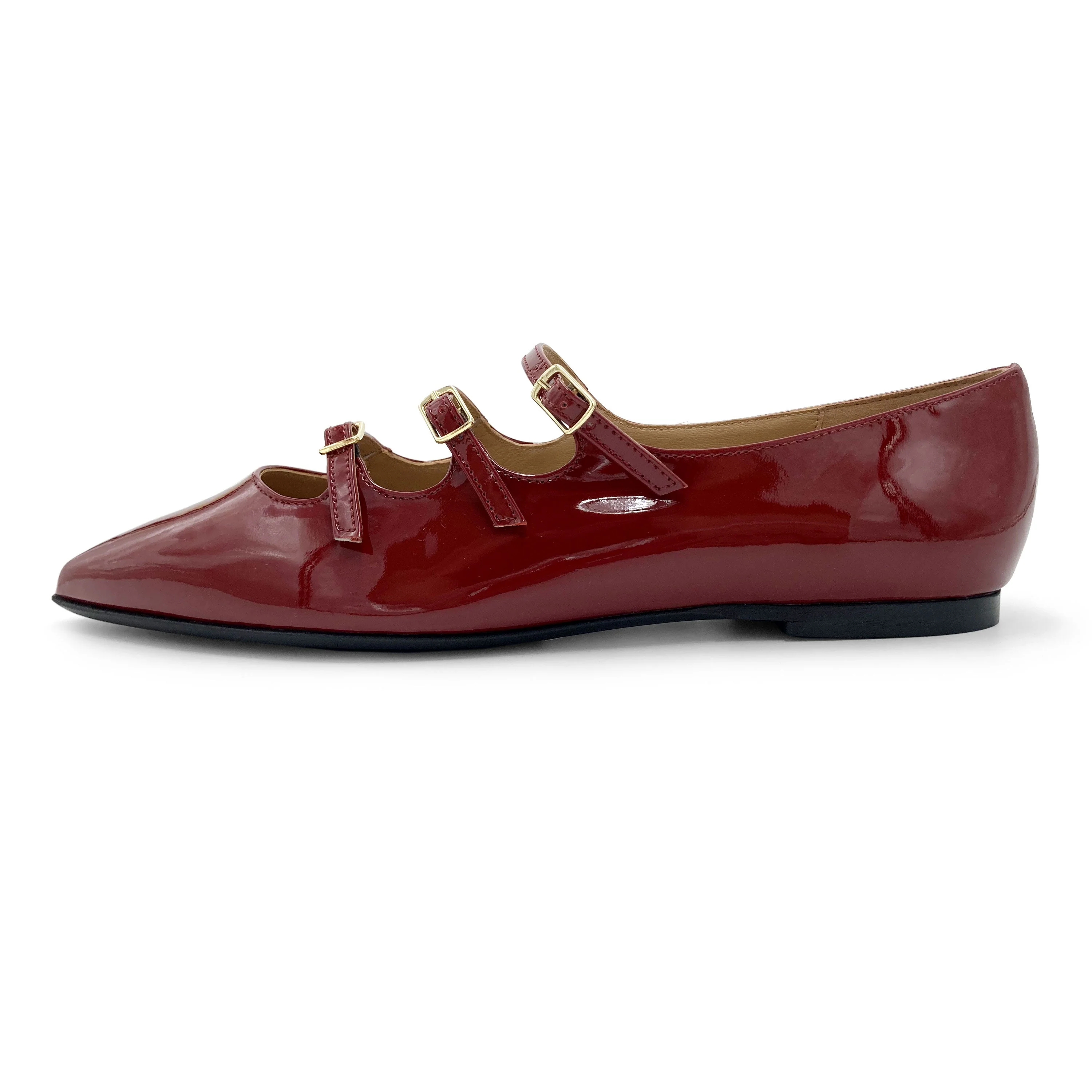 Red shiny pointed ballet flats with three straps - Image 4
