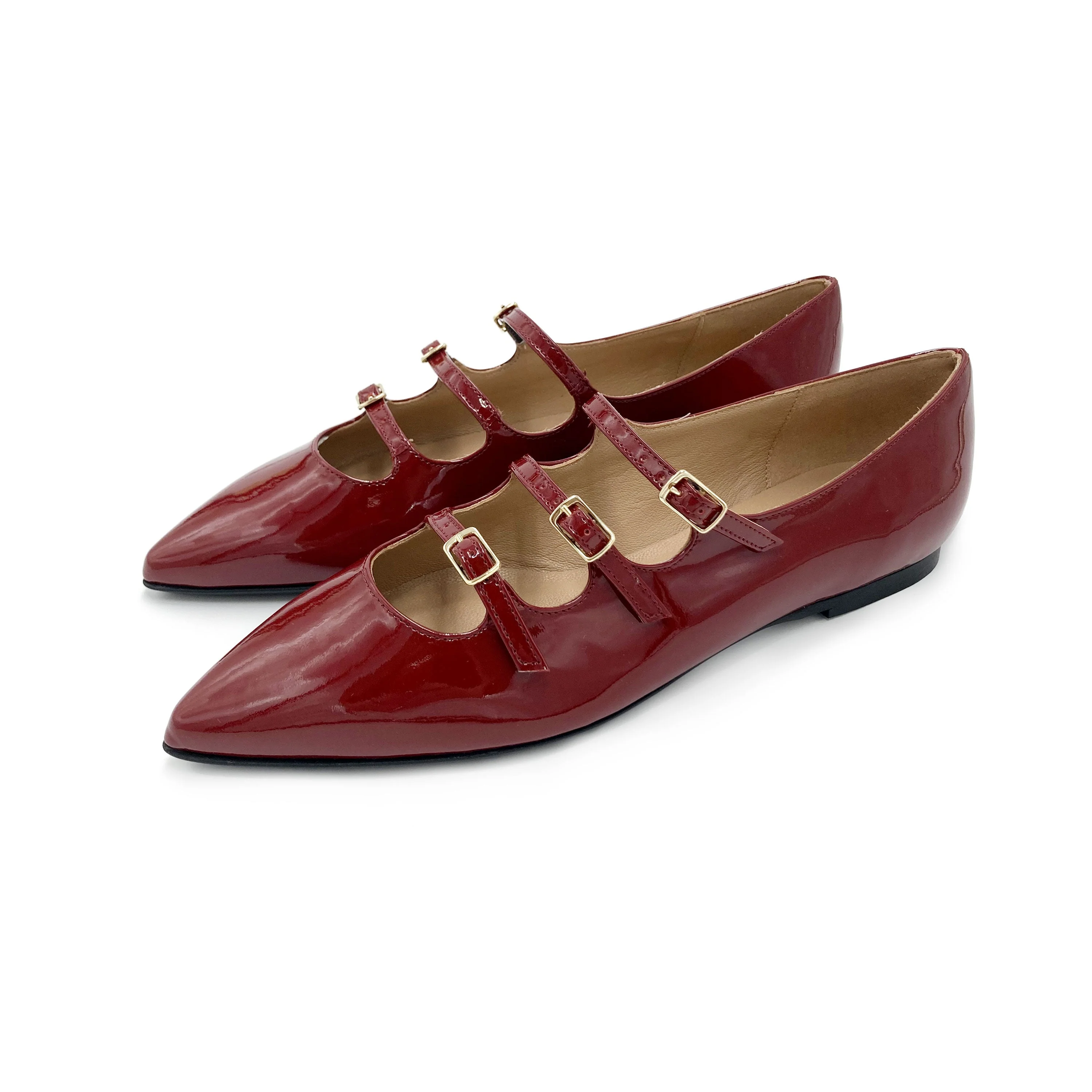 Red shiny pointed ballet flats with three straps - Image 5