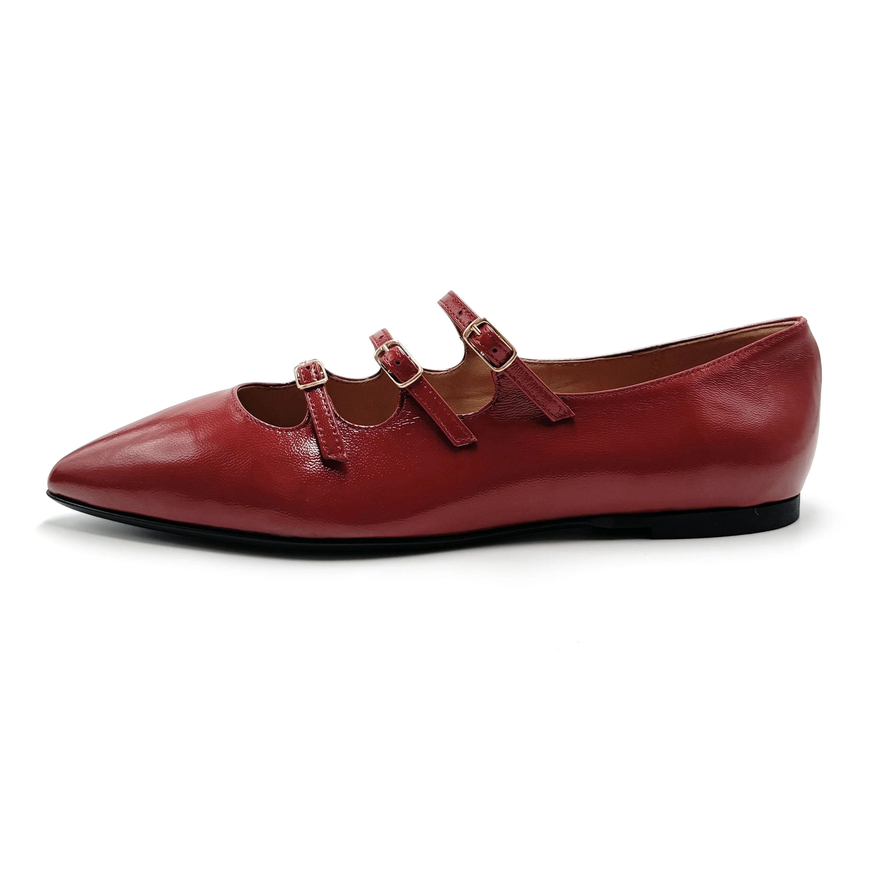 Red shiny pointed-toe ballet flats with straps - Image 3