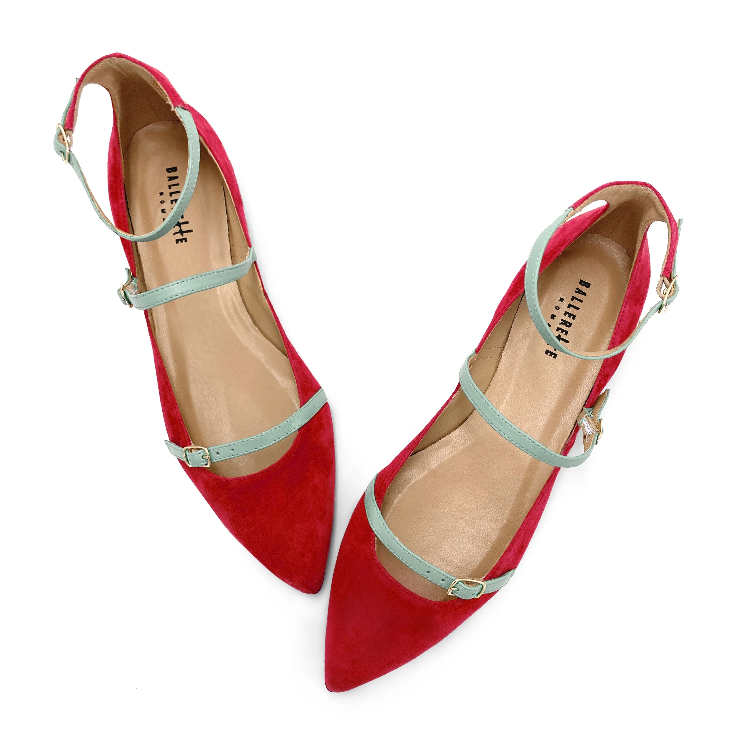 Red suede ballet flats with turquoise straps - Image 2