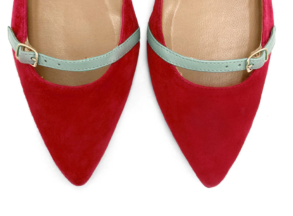 Red suede ballet flats with turquoise straps - Image 5