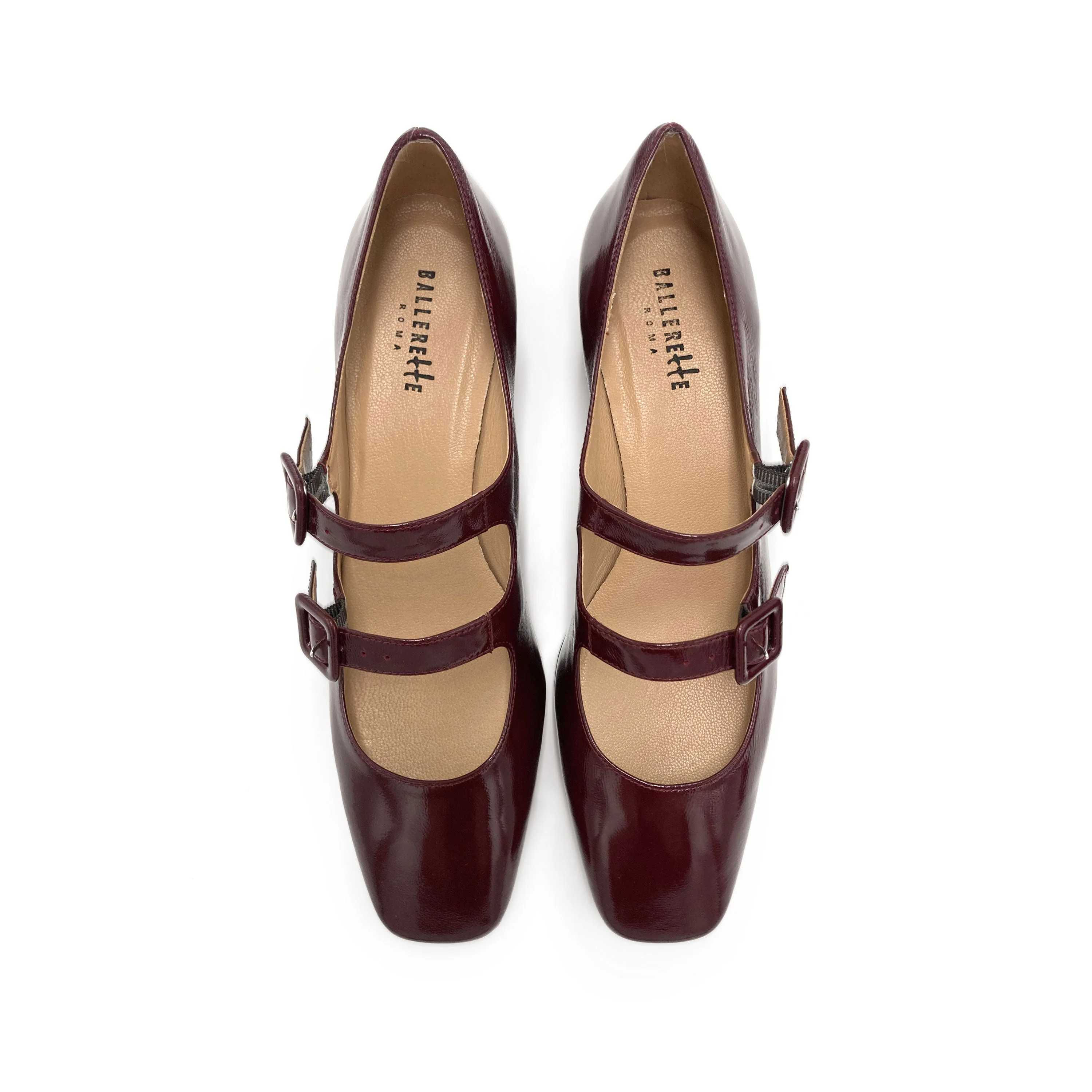Shiny burgundy Mary Jane ballet flats with heel and square toe - Image 2