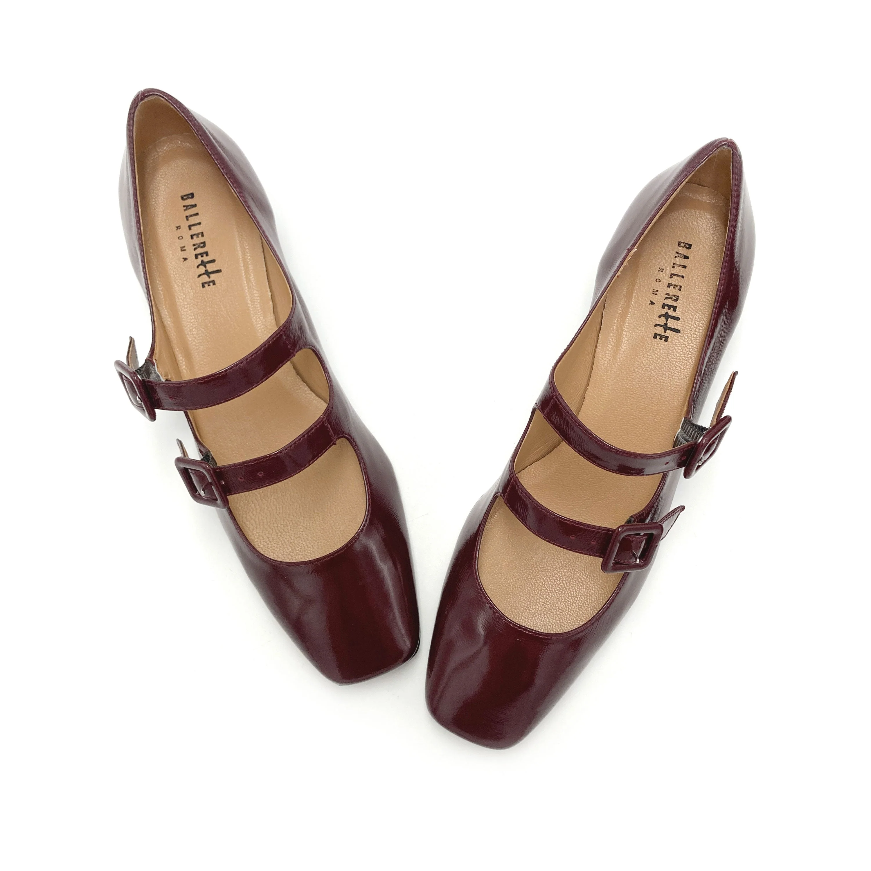 Shiny burgundy Mary Jane ballet flats with heel and square toe - Image 5
