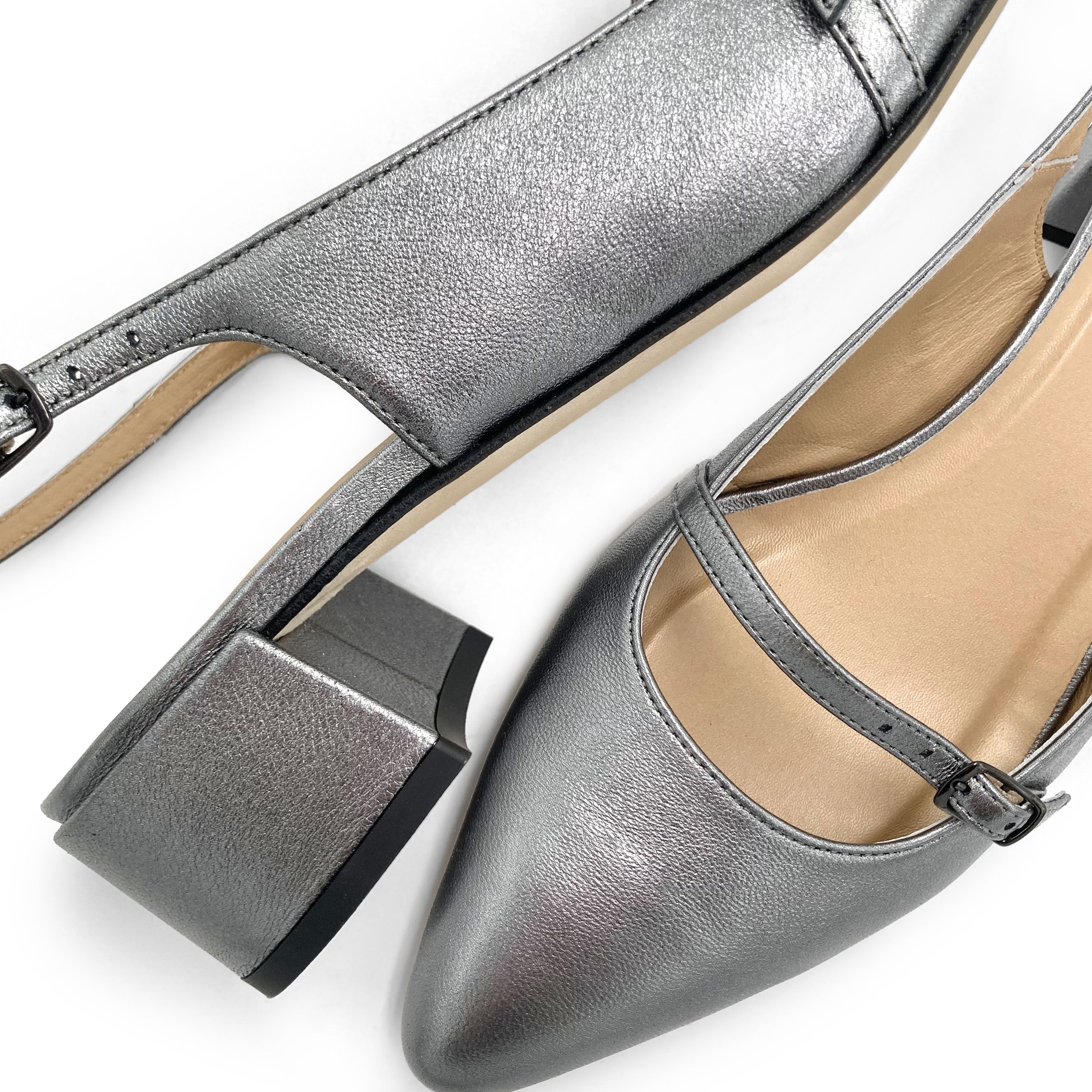 Silver leather Mary Janee slingback ballet flats with heel - Image 3