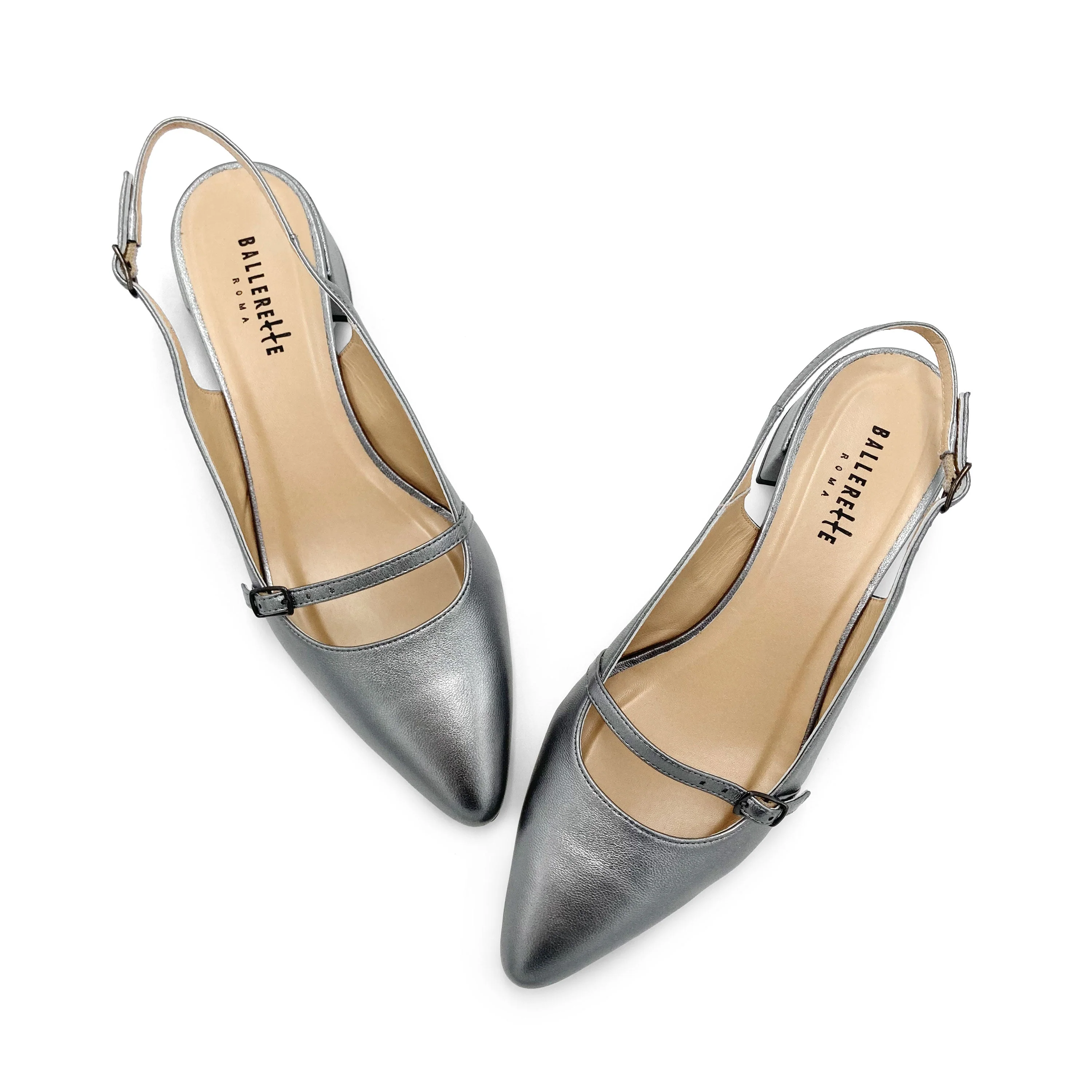 Silver leather Mary Janee slingback ballet flats with heel - Image 4