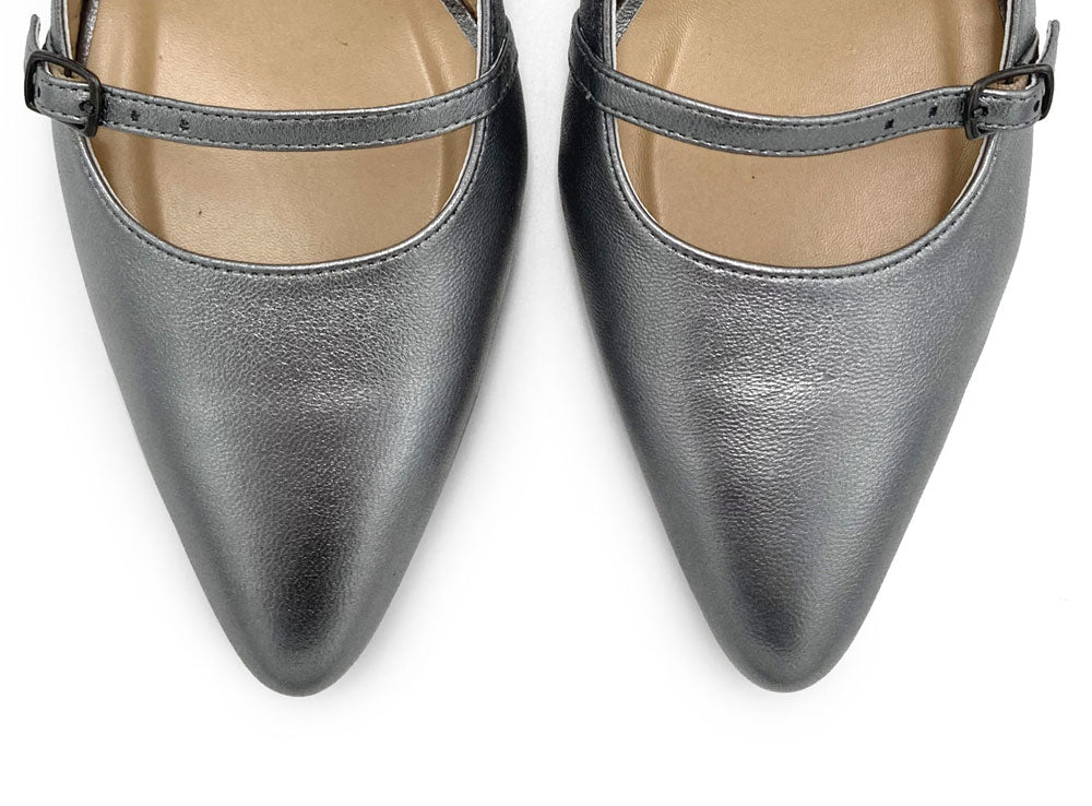 Silver leather Mary Janee slingback ballet flats with heel - Image 6