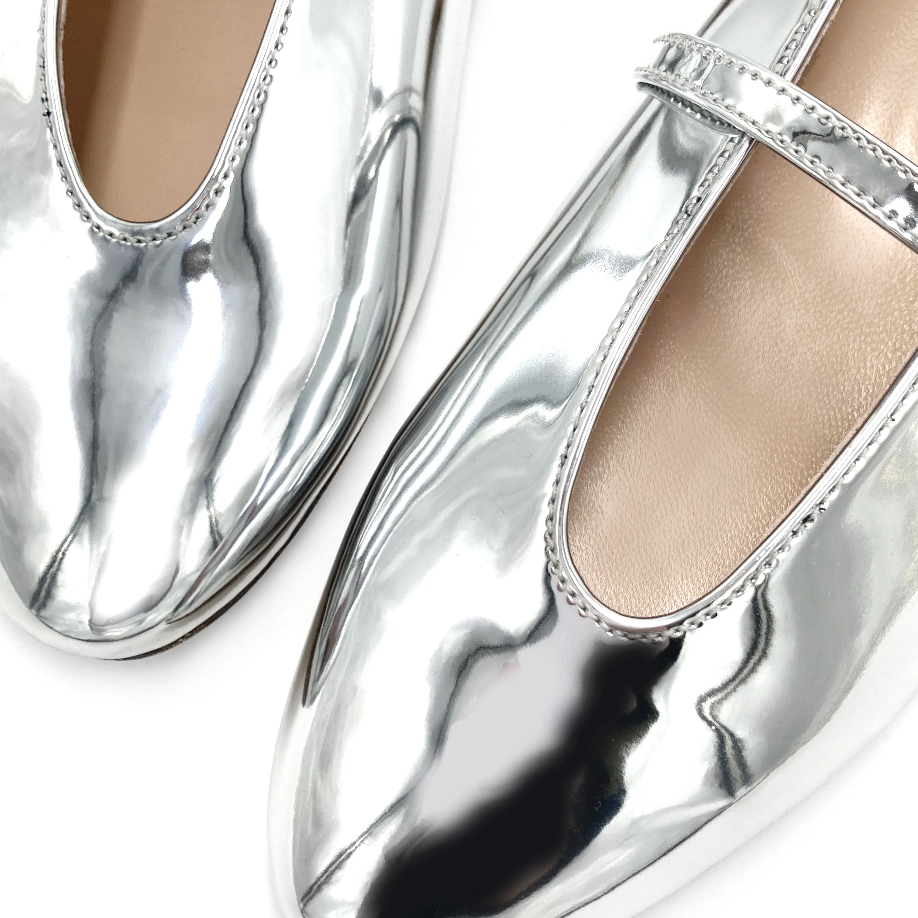 Silver mirrored ballet flats with V cut and jeweled strap - Image 3