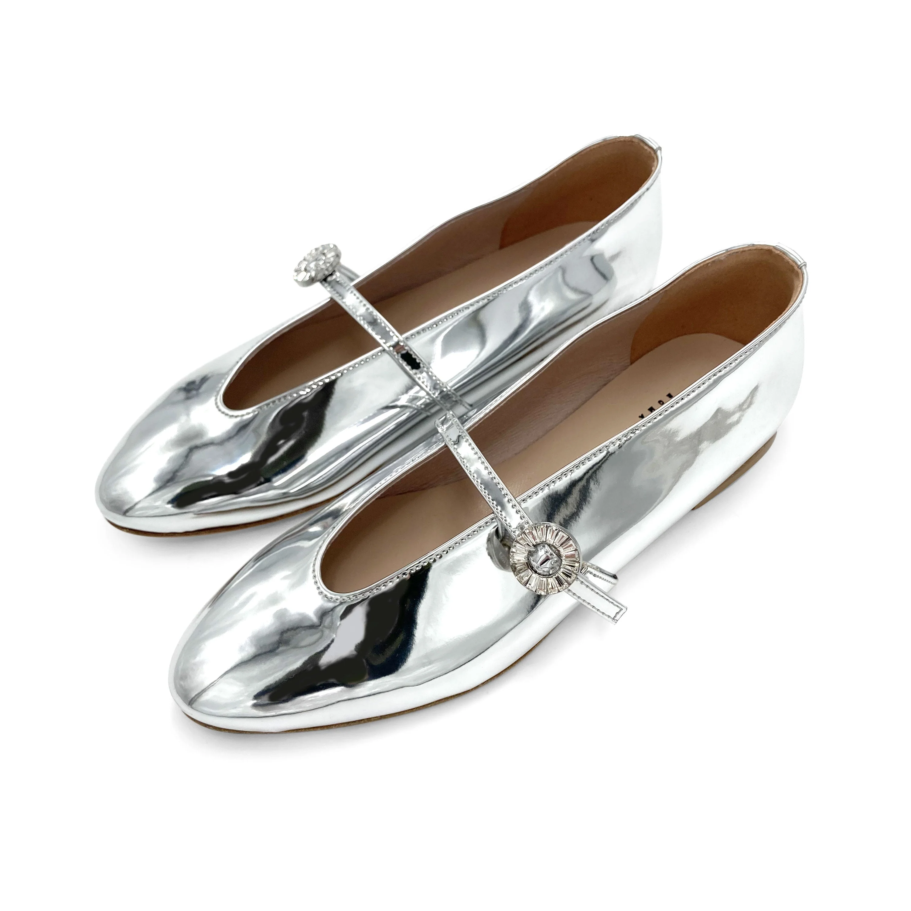 Silver mirrored ballet flats with V cut and jeweled strap - Image 4