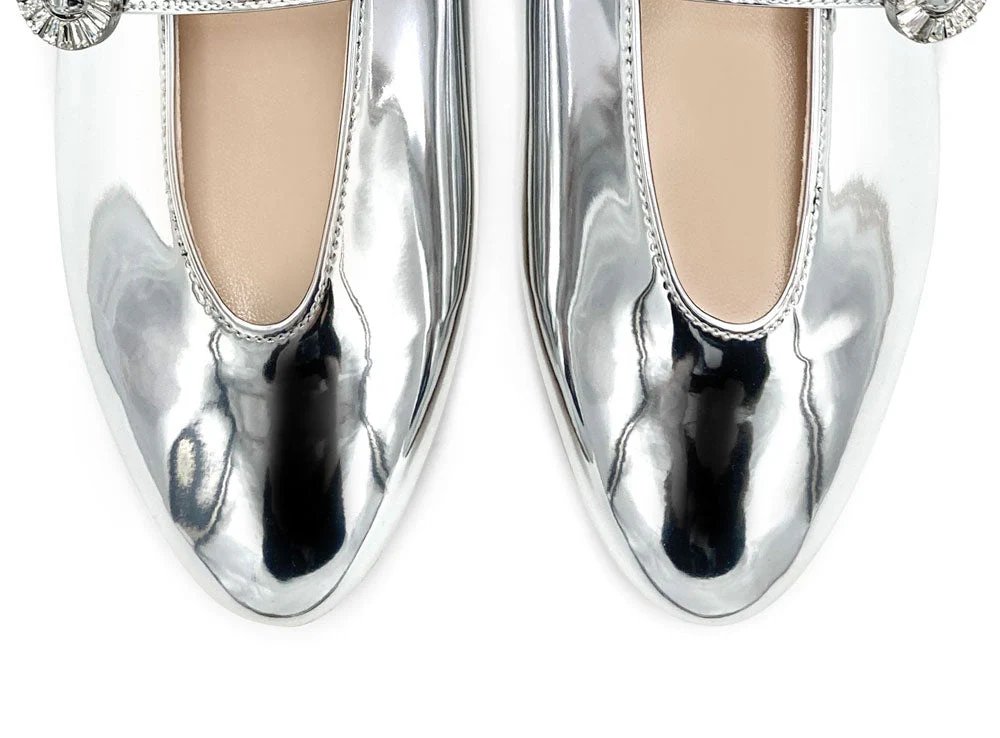 Silver mirrored ballet flats with V cut and jeweled strap - Image 6