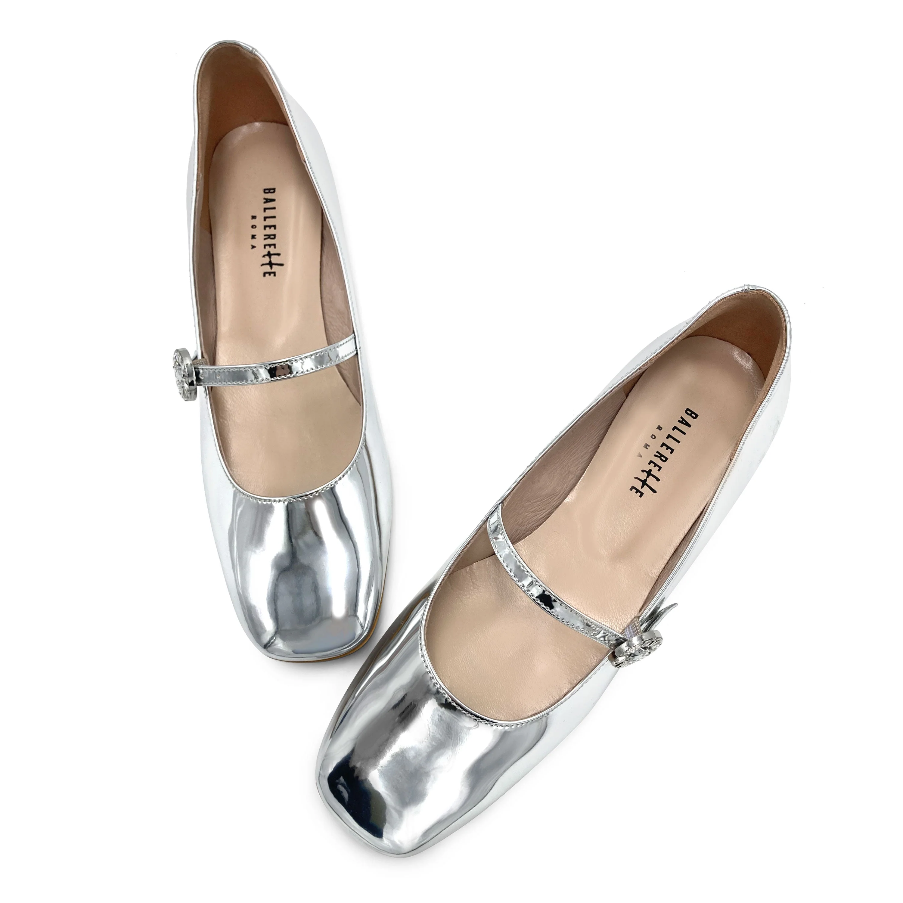 Silver mirrored Mary Jane ballet flats with jeweled strap - Image 2