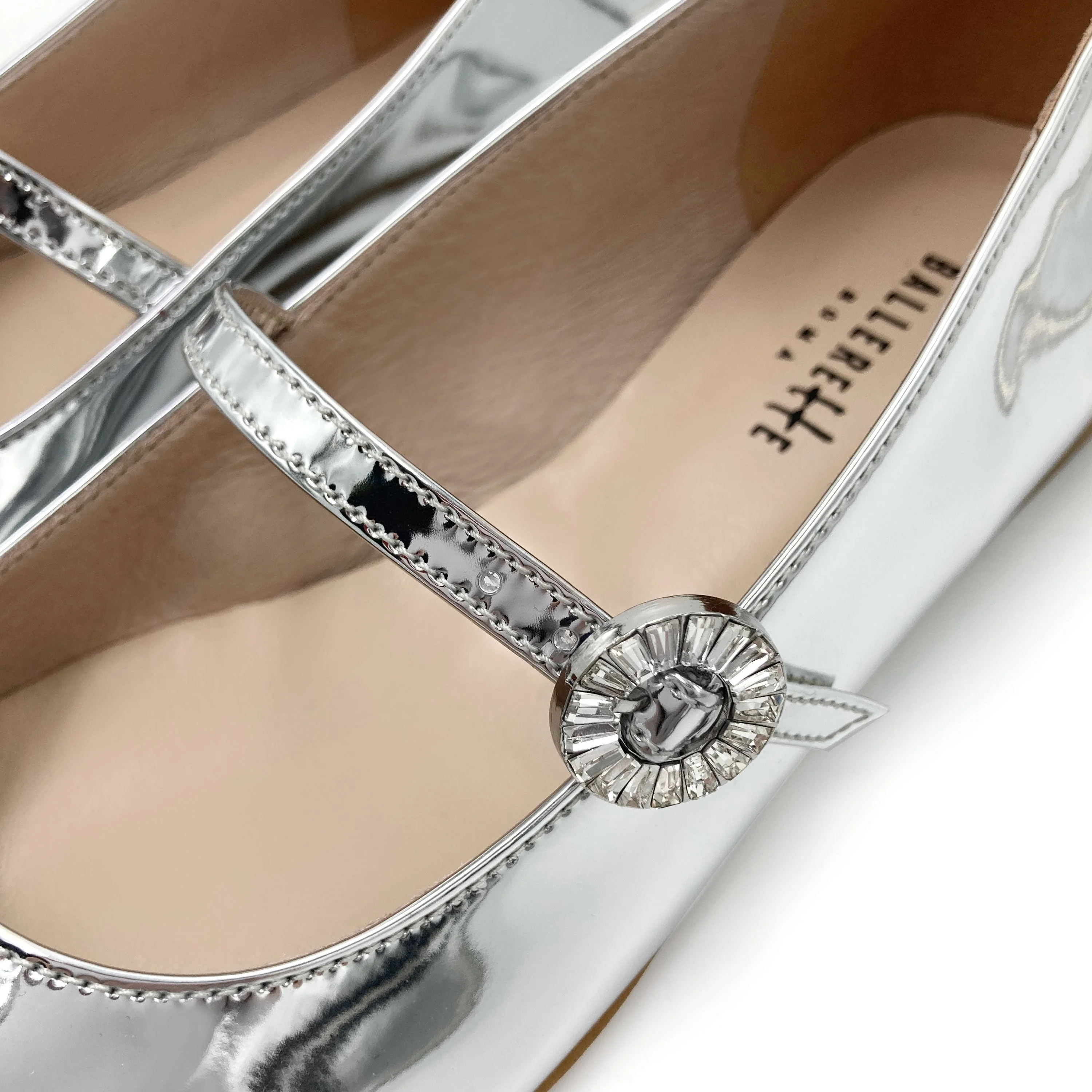 Silver mirrored Mary Jane ballet flats with jeweled strap - Image 4