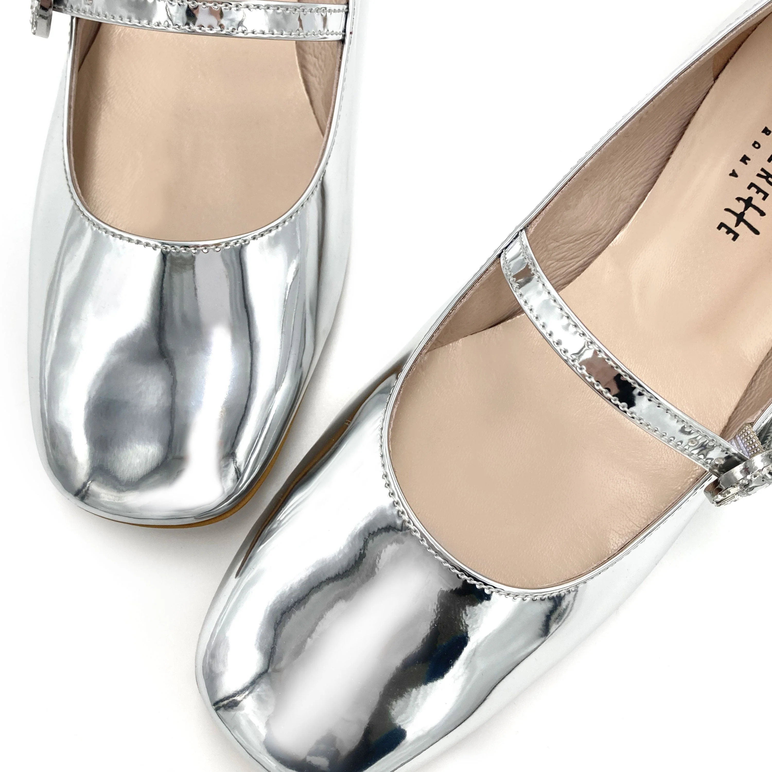 Silver mirrored Mary Jane ballet flats with jeweled strap - Image 5
