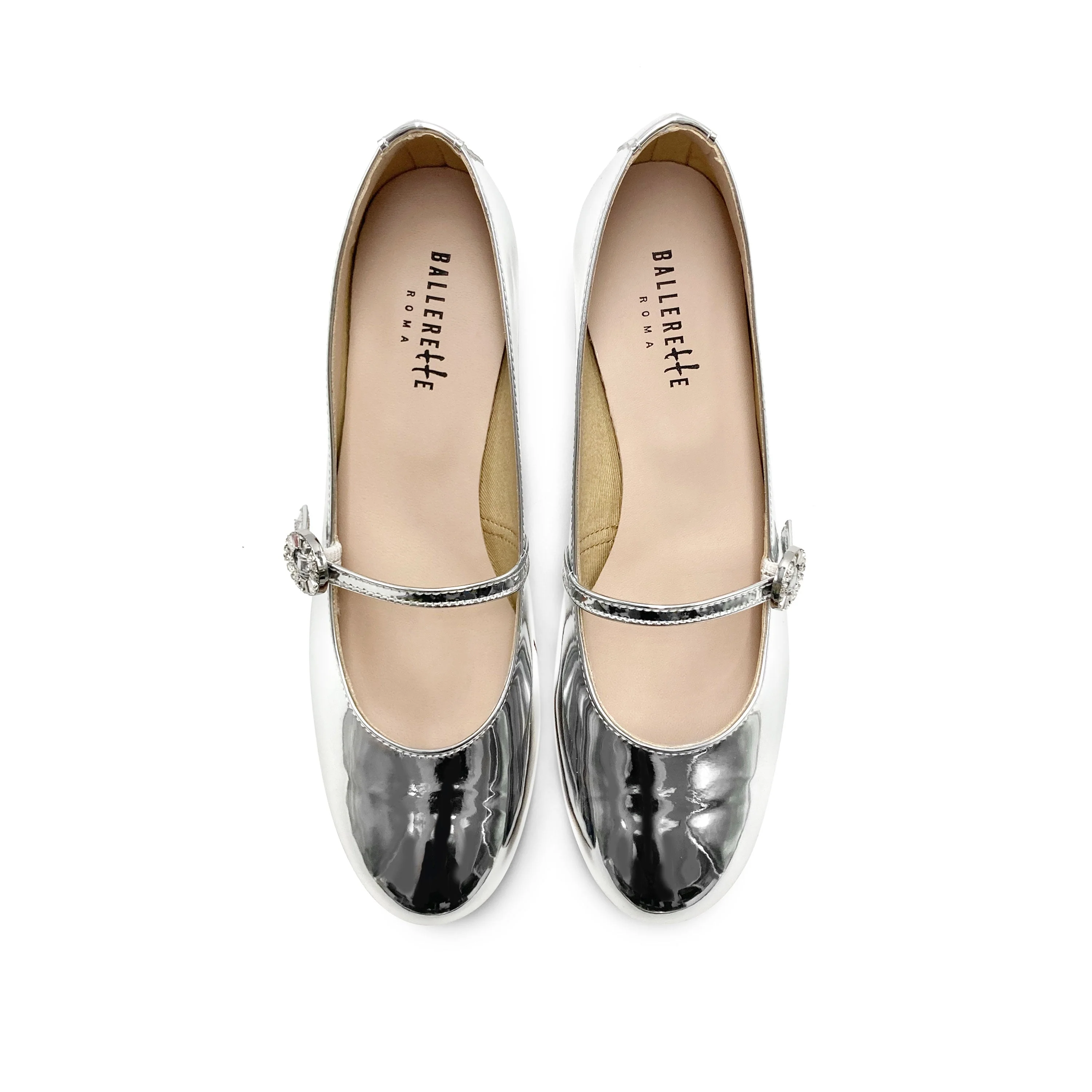 Silver mirrored Mary Jane ballet flats with strap and high heel - Image 2