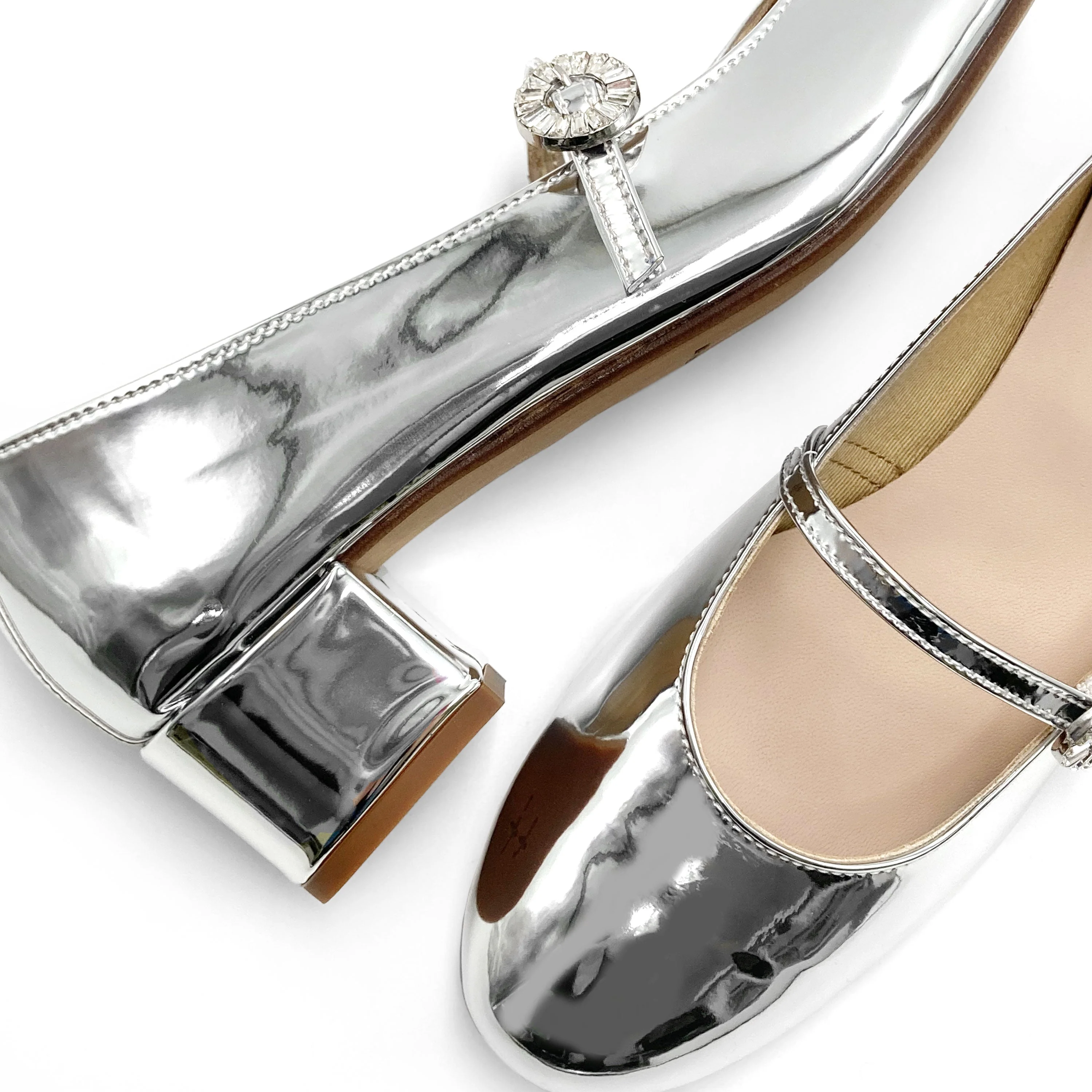 Silver mirrored Mary Jane ballet flats with strap and high heel - Image 3