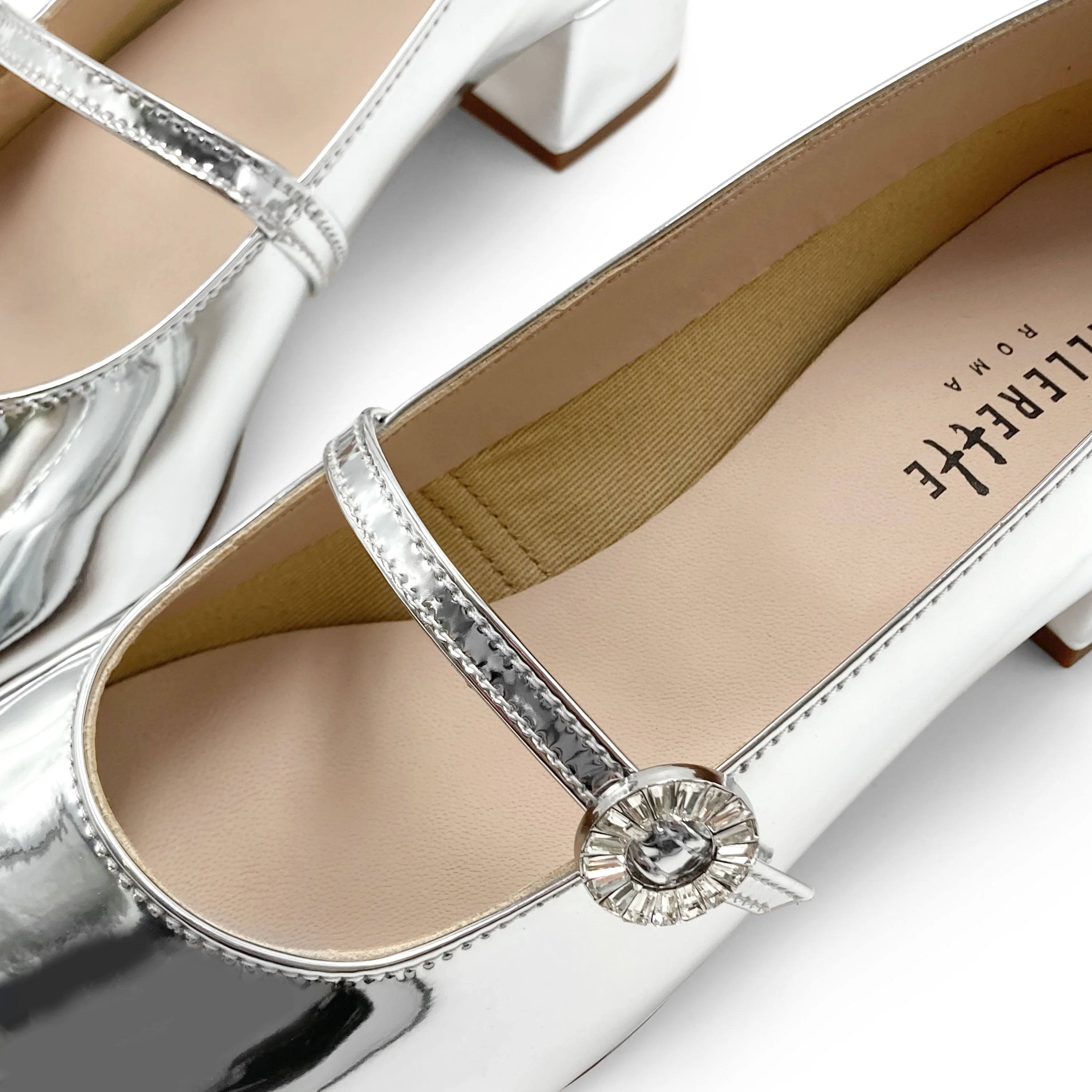 Silver mirrored Mary Jane ballet flats with strap and high heel - Image 5