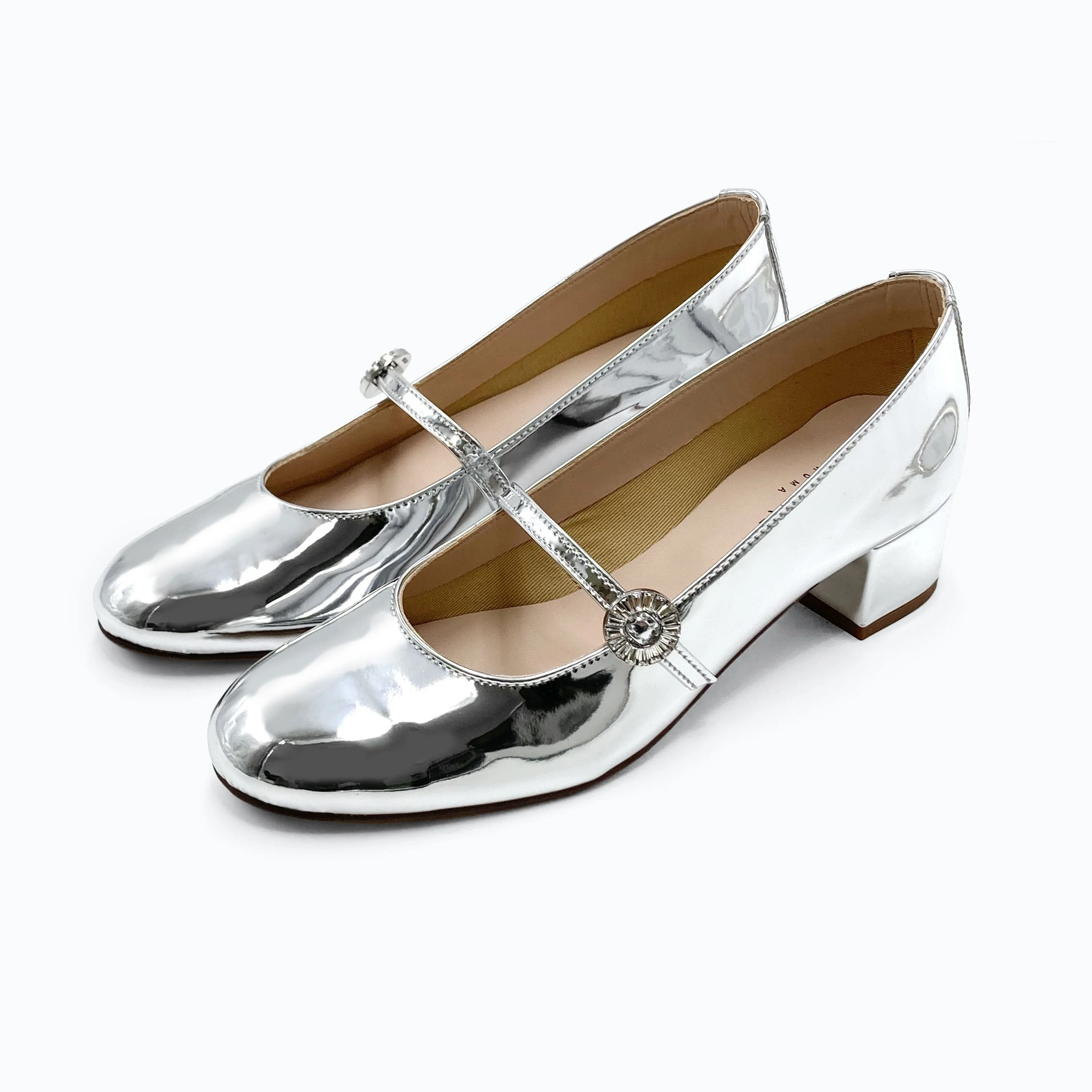 Silver mirrored Mary Jane ballet flats with strap and high heel - Image 6