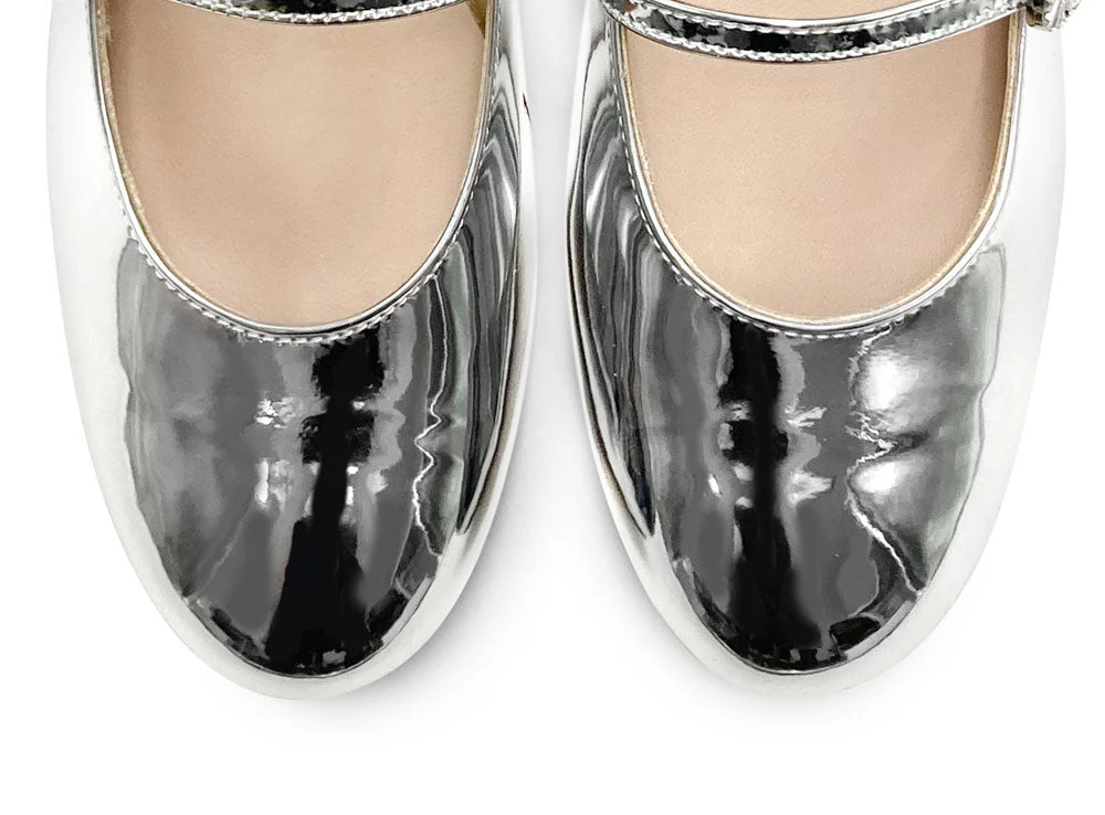 Silver mirrored Mary Jane ballet flats with strap and high heel - Image 7