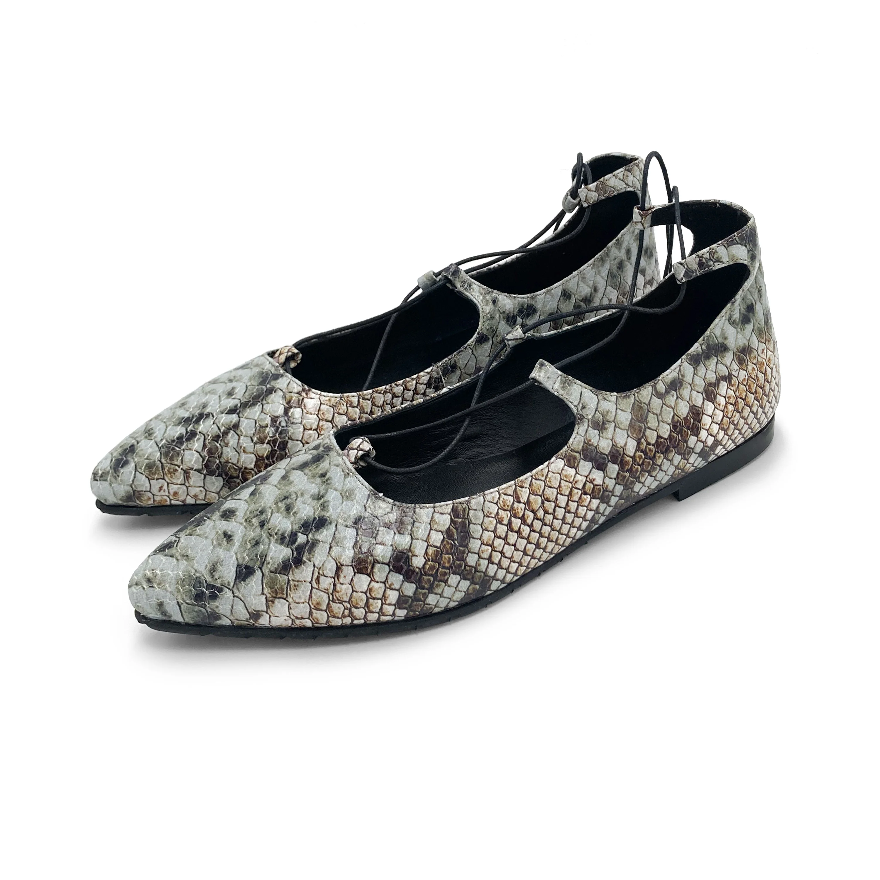 Snake print lace-up pointed ballet flats - Image 3