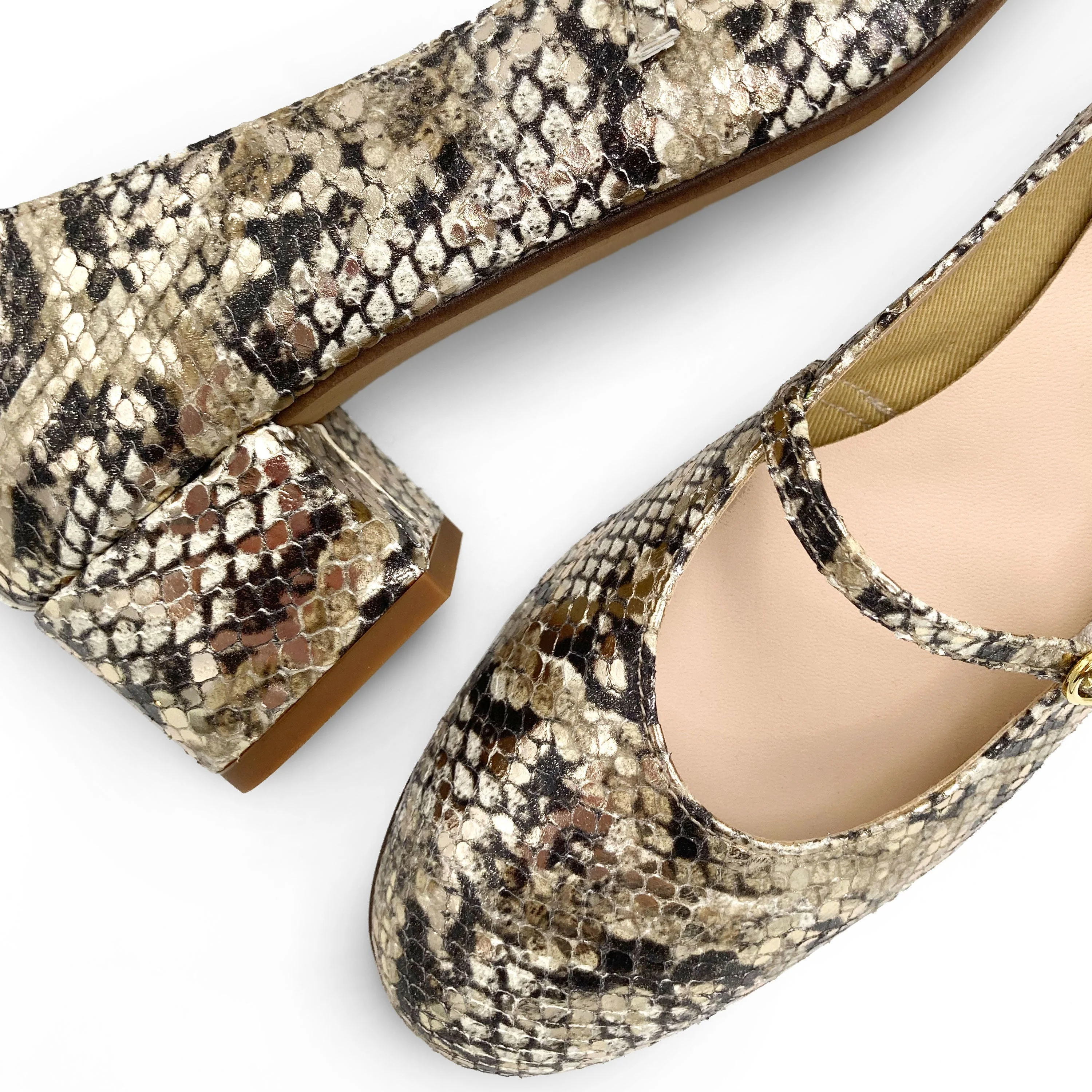 Snake print leather Mary Jane ballet flats with strap and high heel - Image 3