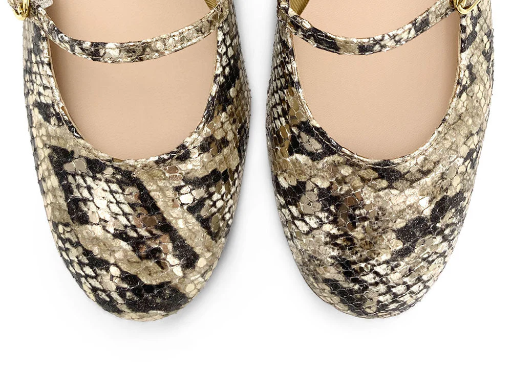 Snake print leather Mary Jane ballet flats with strap and high heel - Image 6