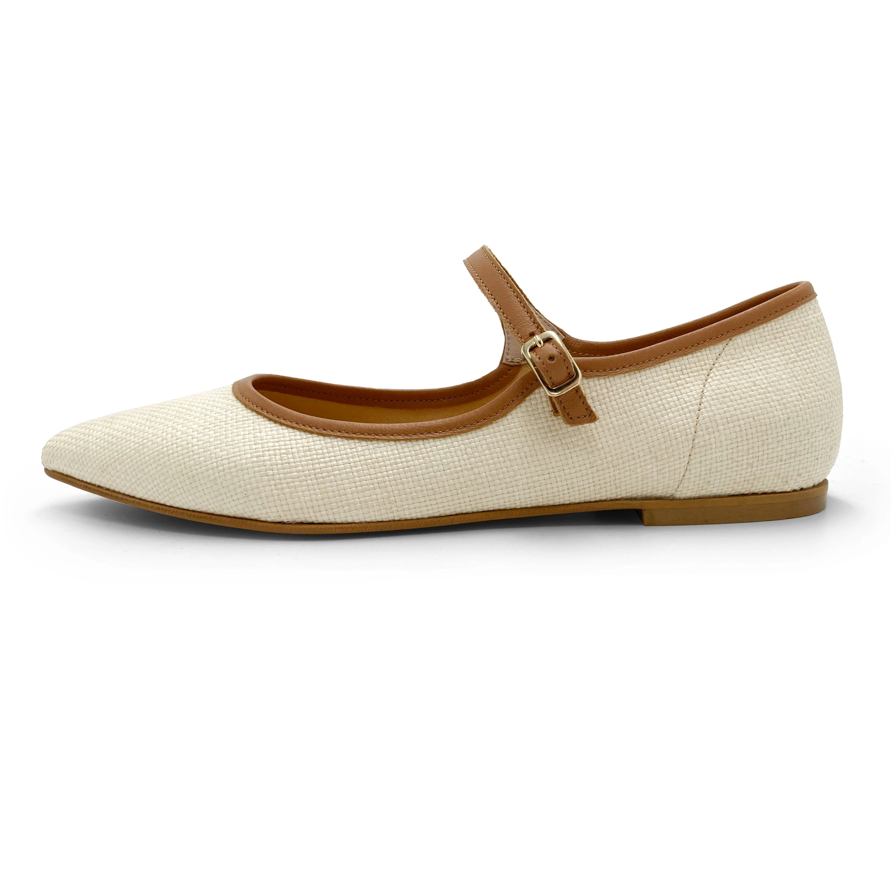 Summer Mary Jane ballet flats in beige raffia with leather strap - Image 3