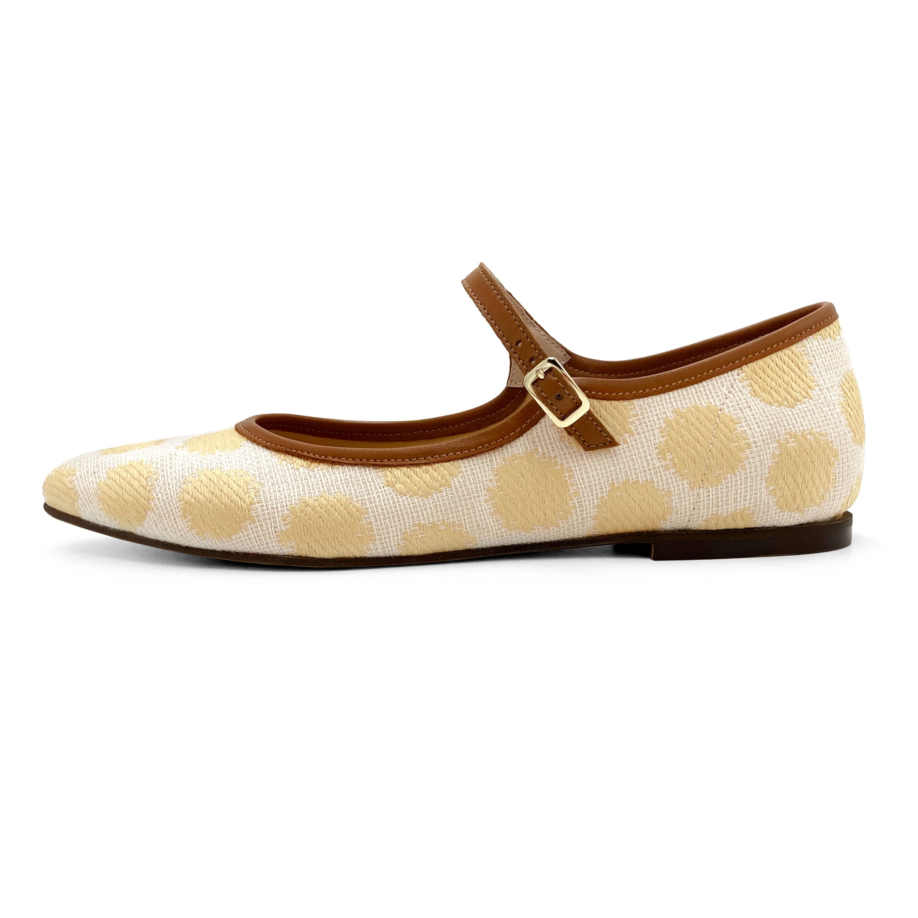 Summer Mary Jane flats in beige polka dot raffia with leather strap - Image 4