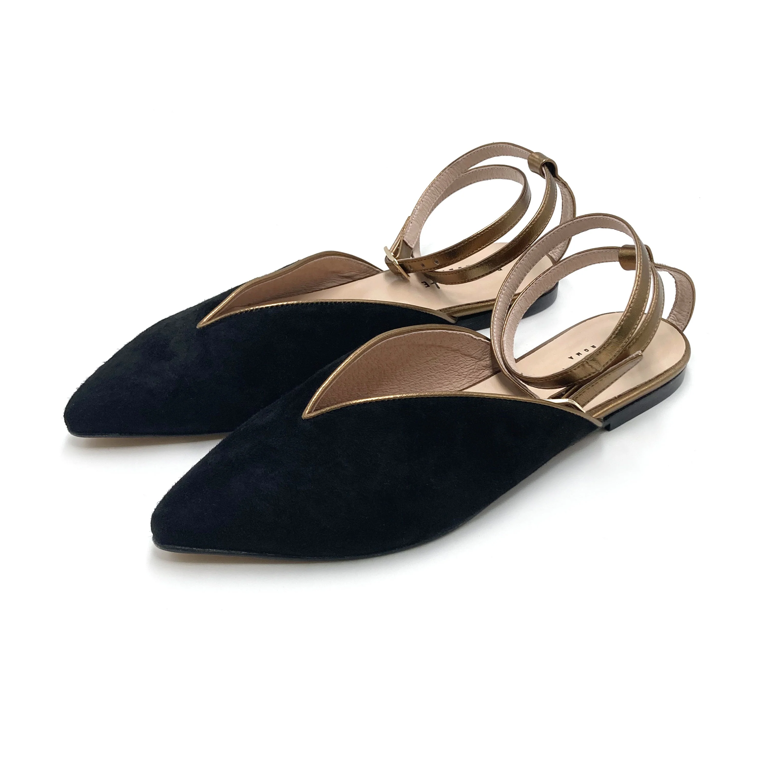Summer mule shoes in black suede with bronze ankle tie - Image 4