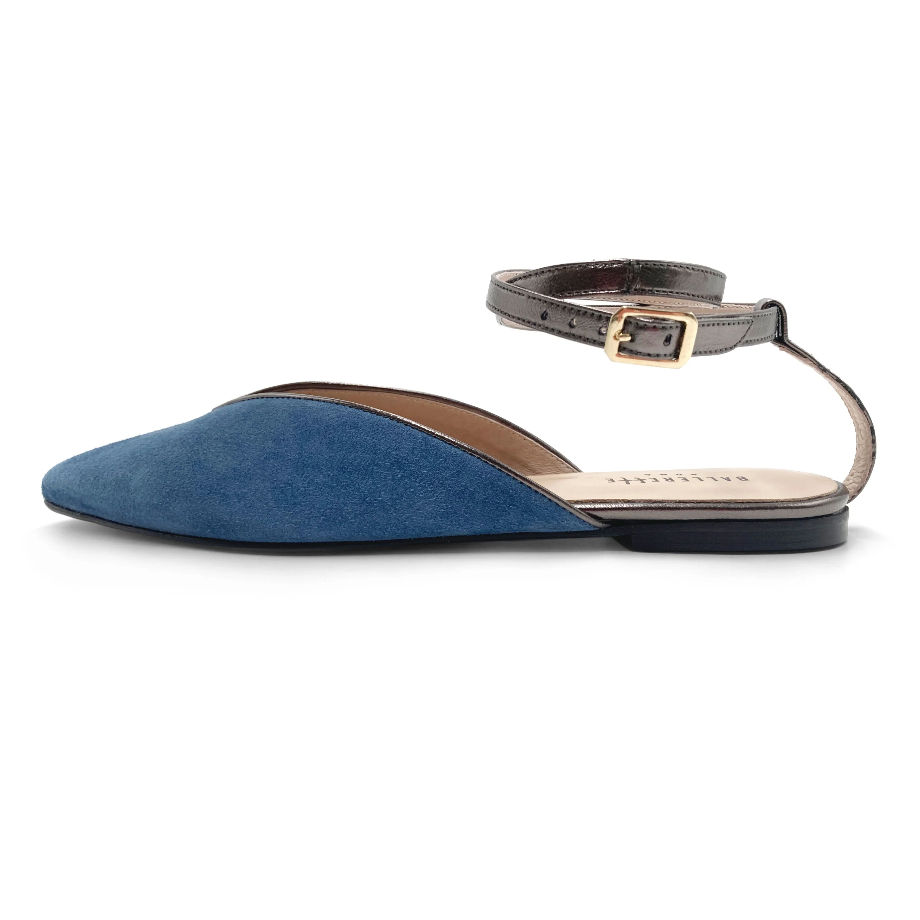 Summer mule shoes in cerulean suede with metallic iron ankle tie - Image 3