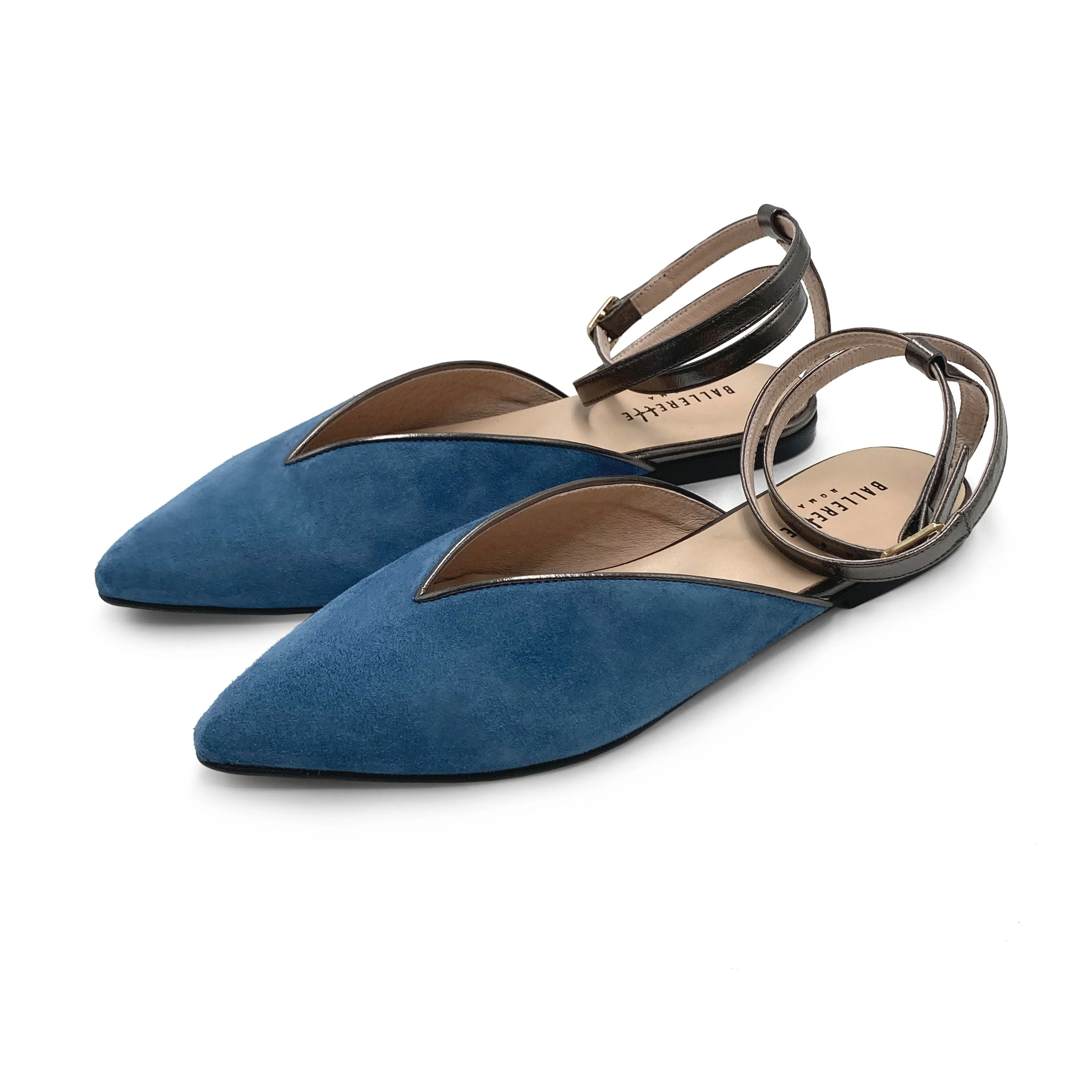 Summer mule shoes in cerulean suede with metallic iron ankle tie - Image 5