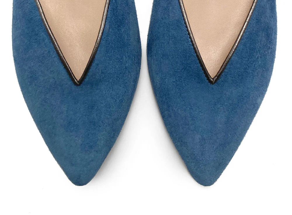 Summer mule shoes in cerulean suede with metallic iron ankle tie - Image 6