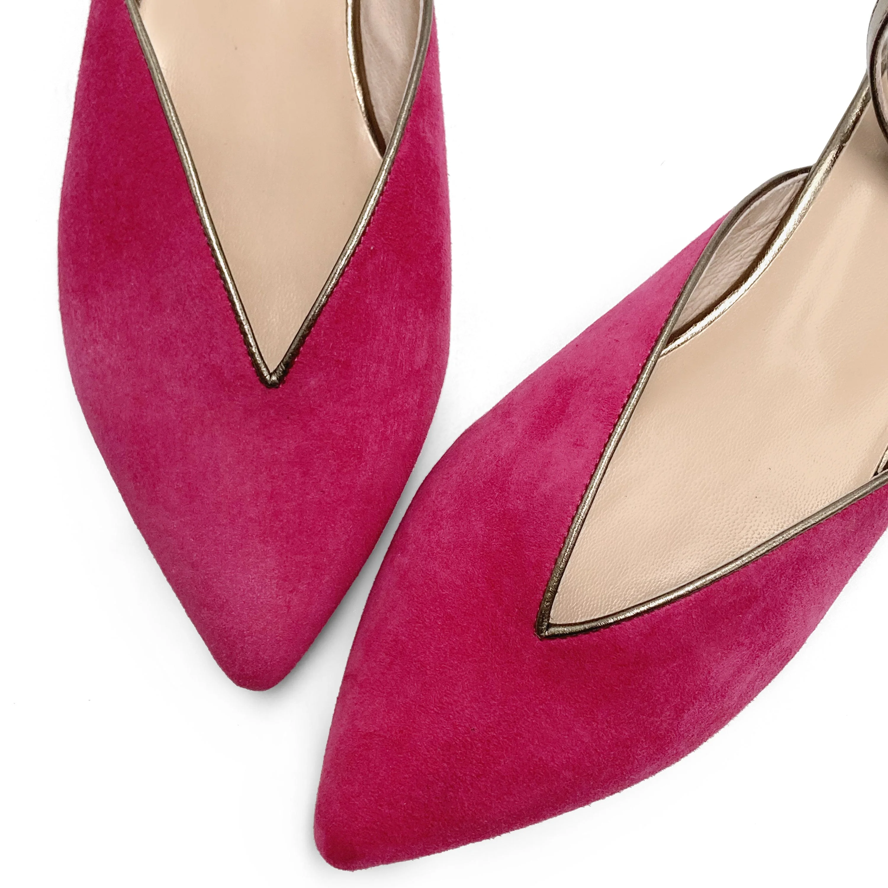 Summer mule shoes in fuchsia suede with gunmetal ankle tie - Image 4