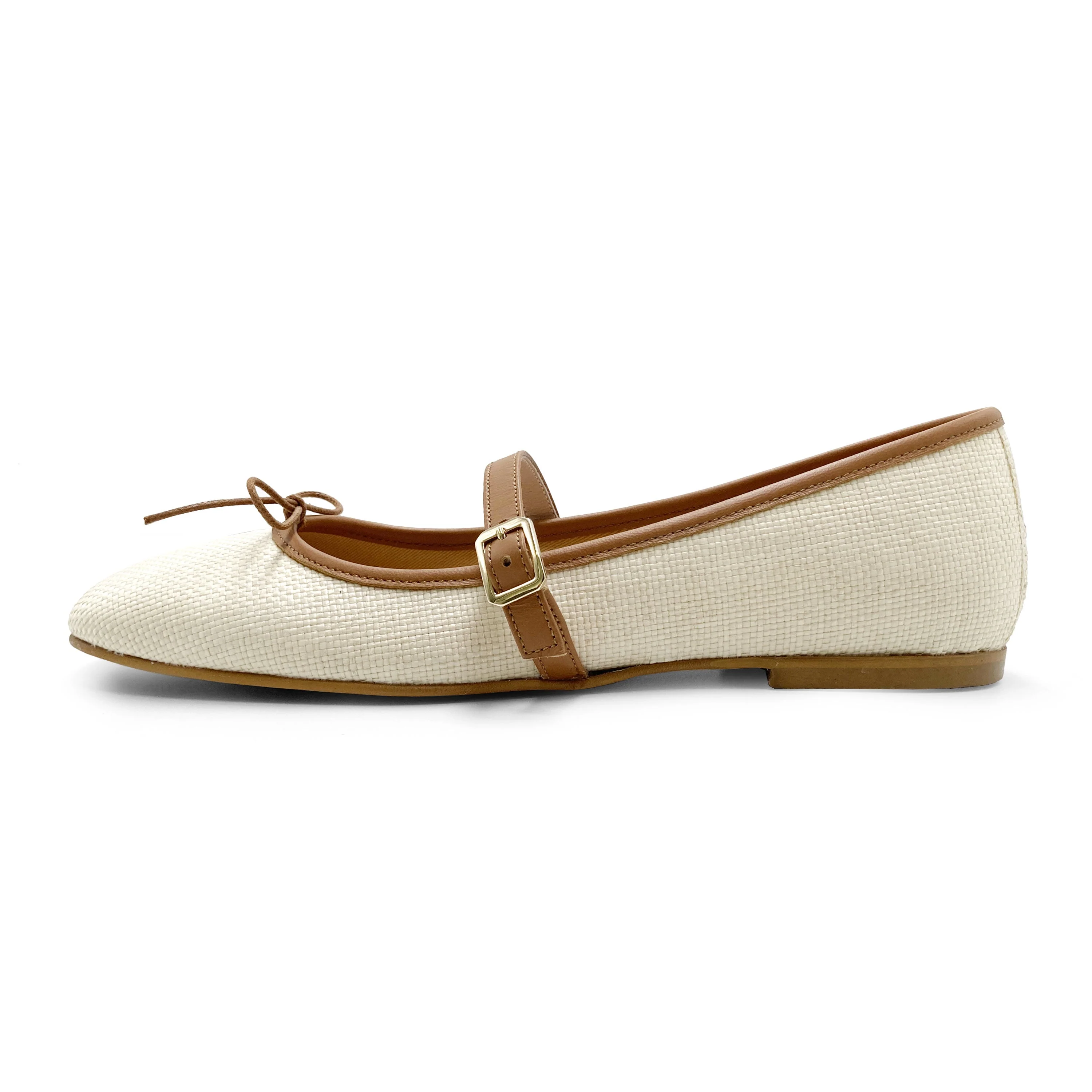 Summer squared toe Mary Jane ballet flats with beige raffia strap - Image 4