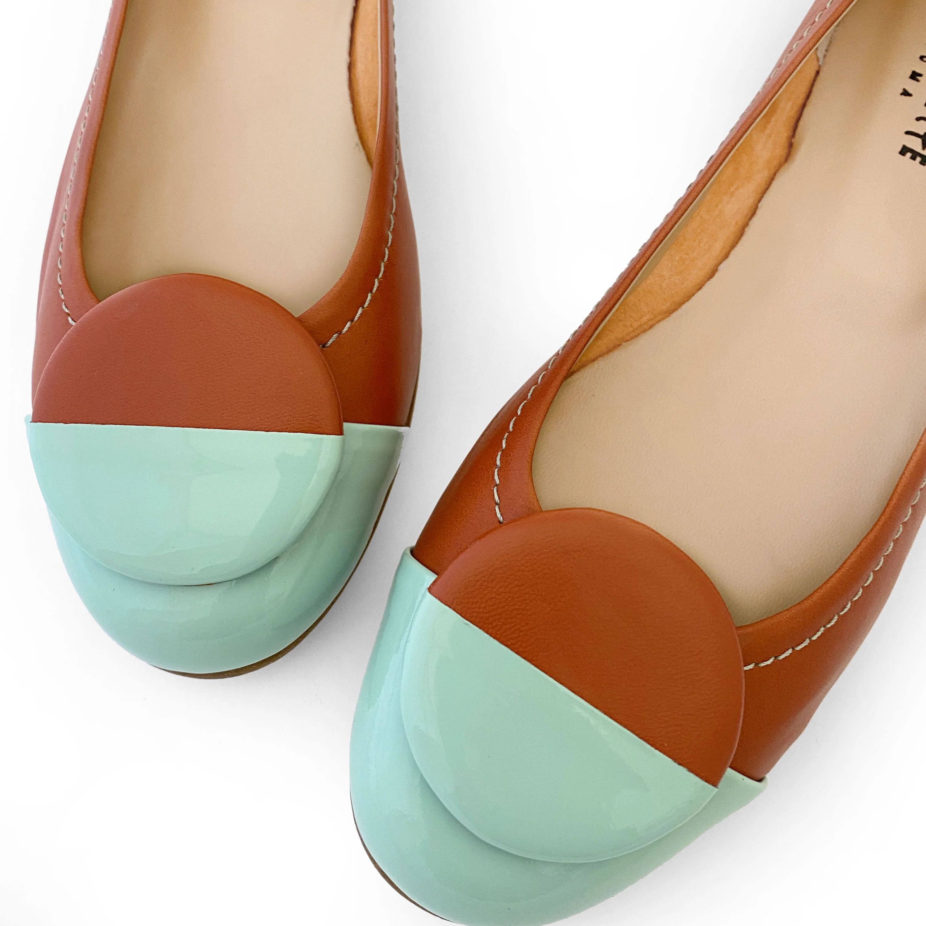 Tan leather ballet flats with green patent leather toe and stud - Image 3