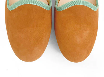 Tan suede women's loafers and green gros grain - Image 5