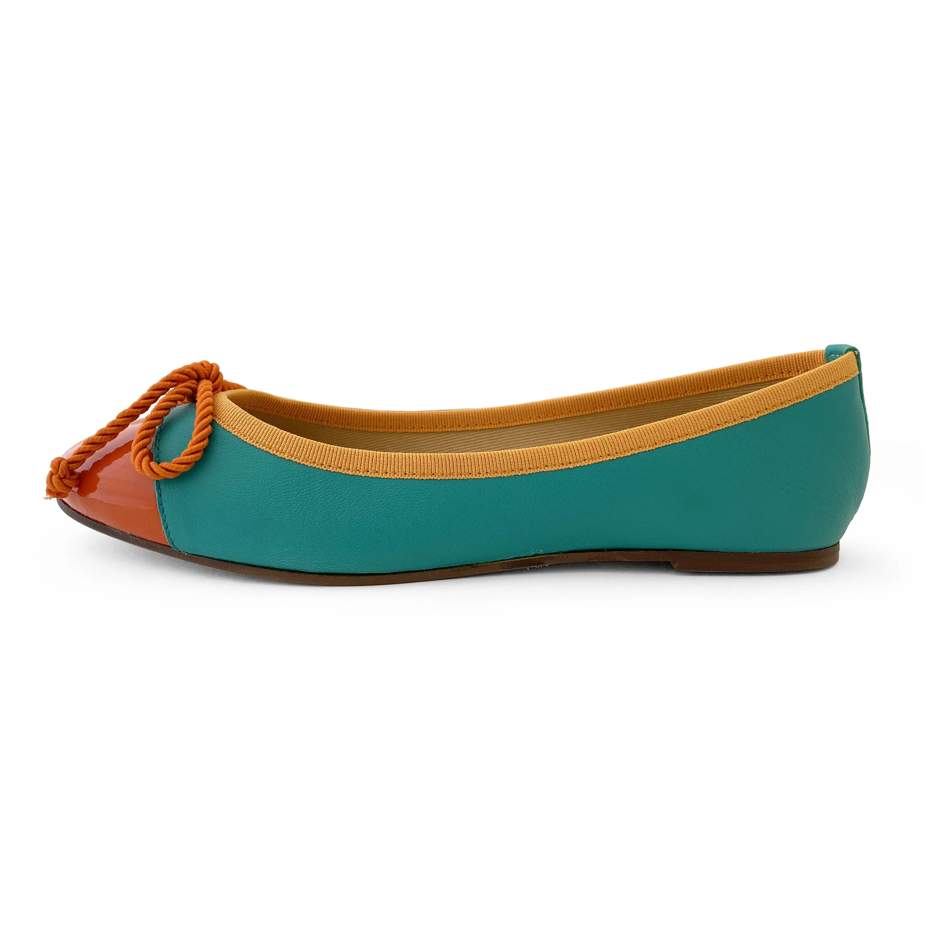 Teal leather ballet flats with orange toe and bow - Image 2