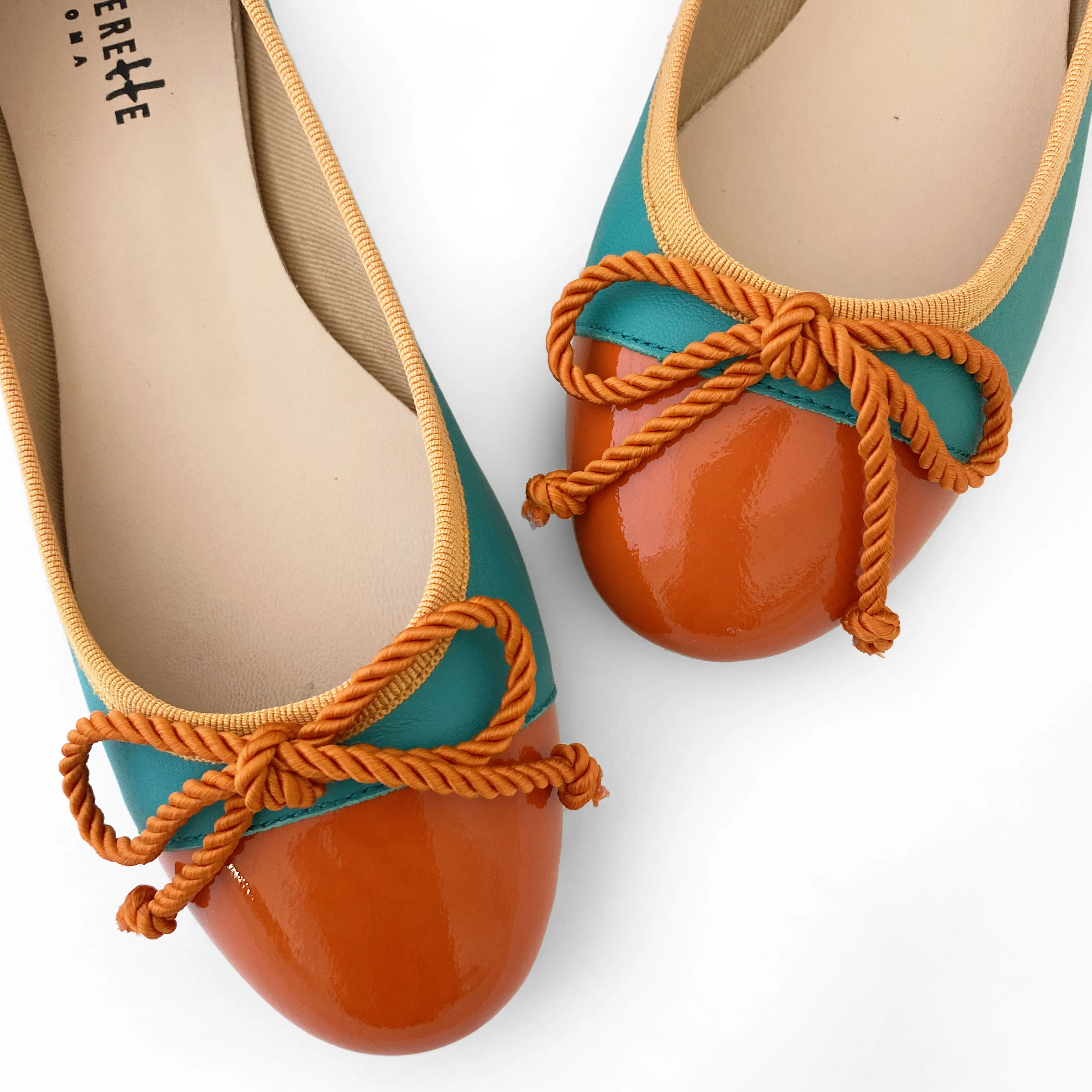 Teal leather ballet flats with orange toe and bow - Image 3