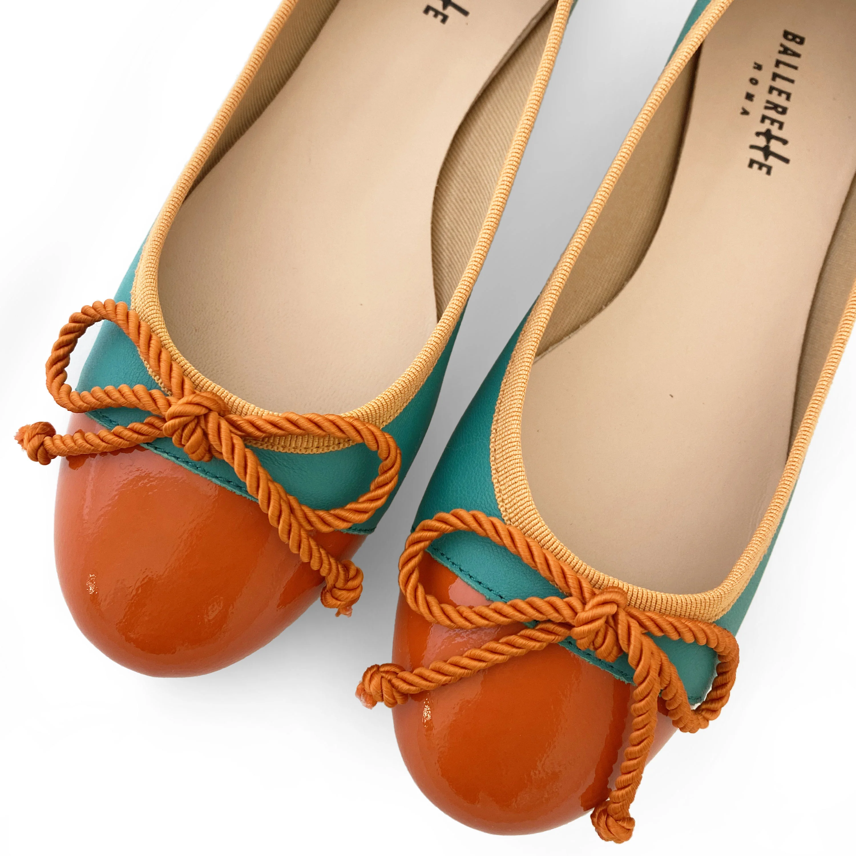 Teal leather ballet flats with orange toe and bow - Image 4
