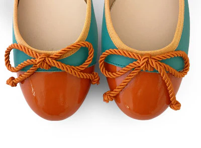 Teal leather ballet flats with orange toe and bow - Image 5