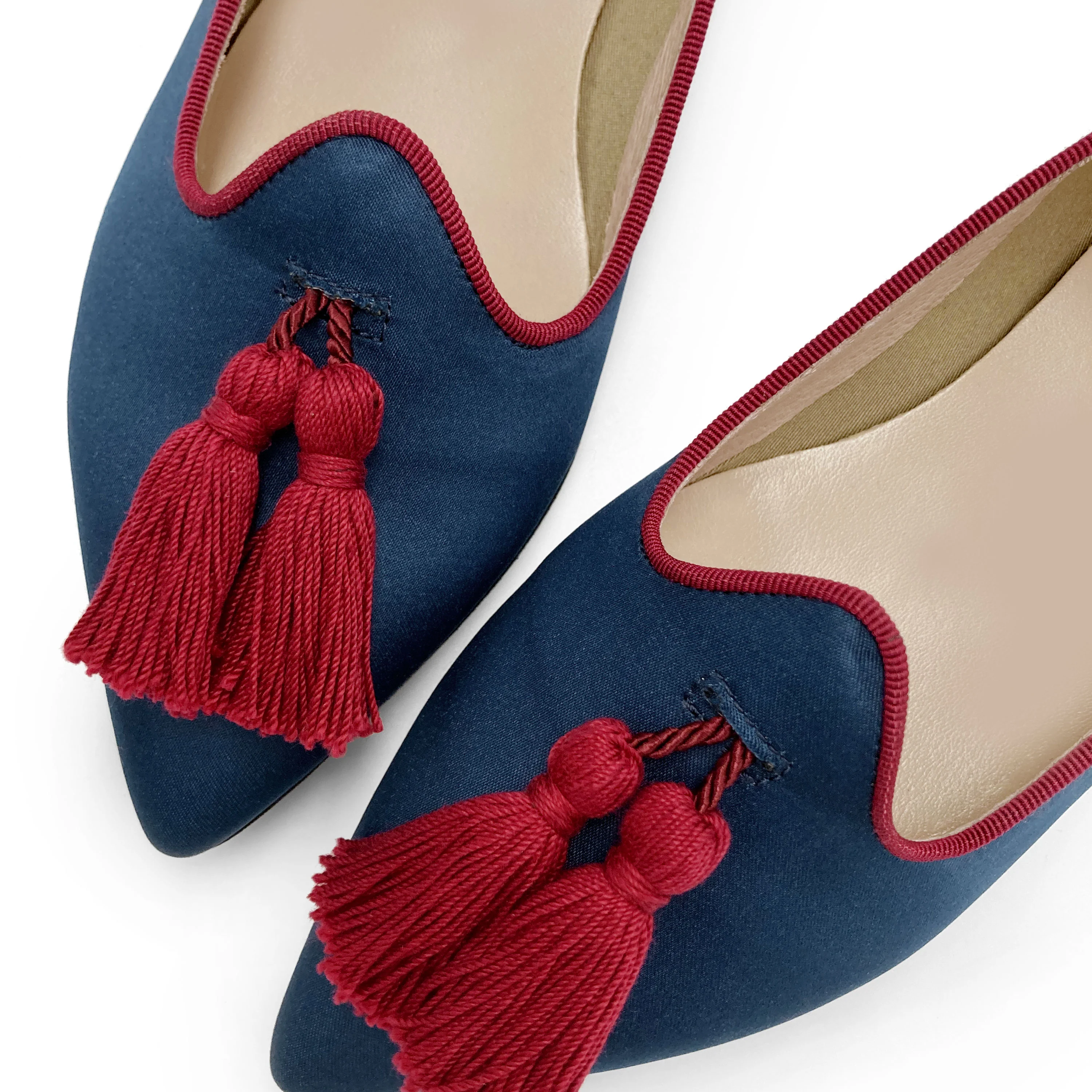 TT Go Green collection - women's blue eco-friendly satin moccasins with burgundy tassels - Image 3