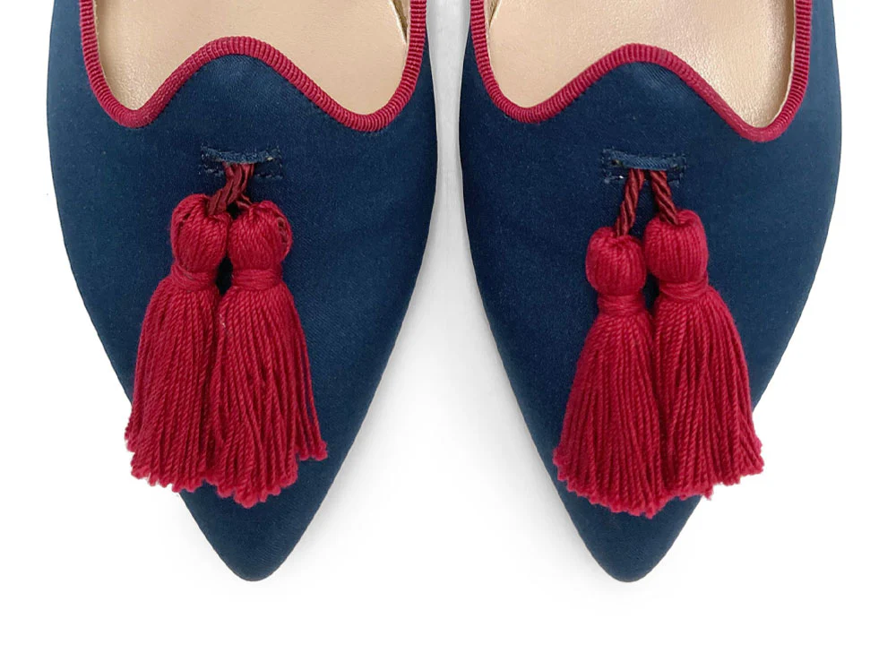TT Go Green collection - women's blue eco-friendly satin moccasins with burgundy tassels - Image 5