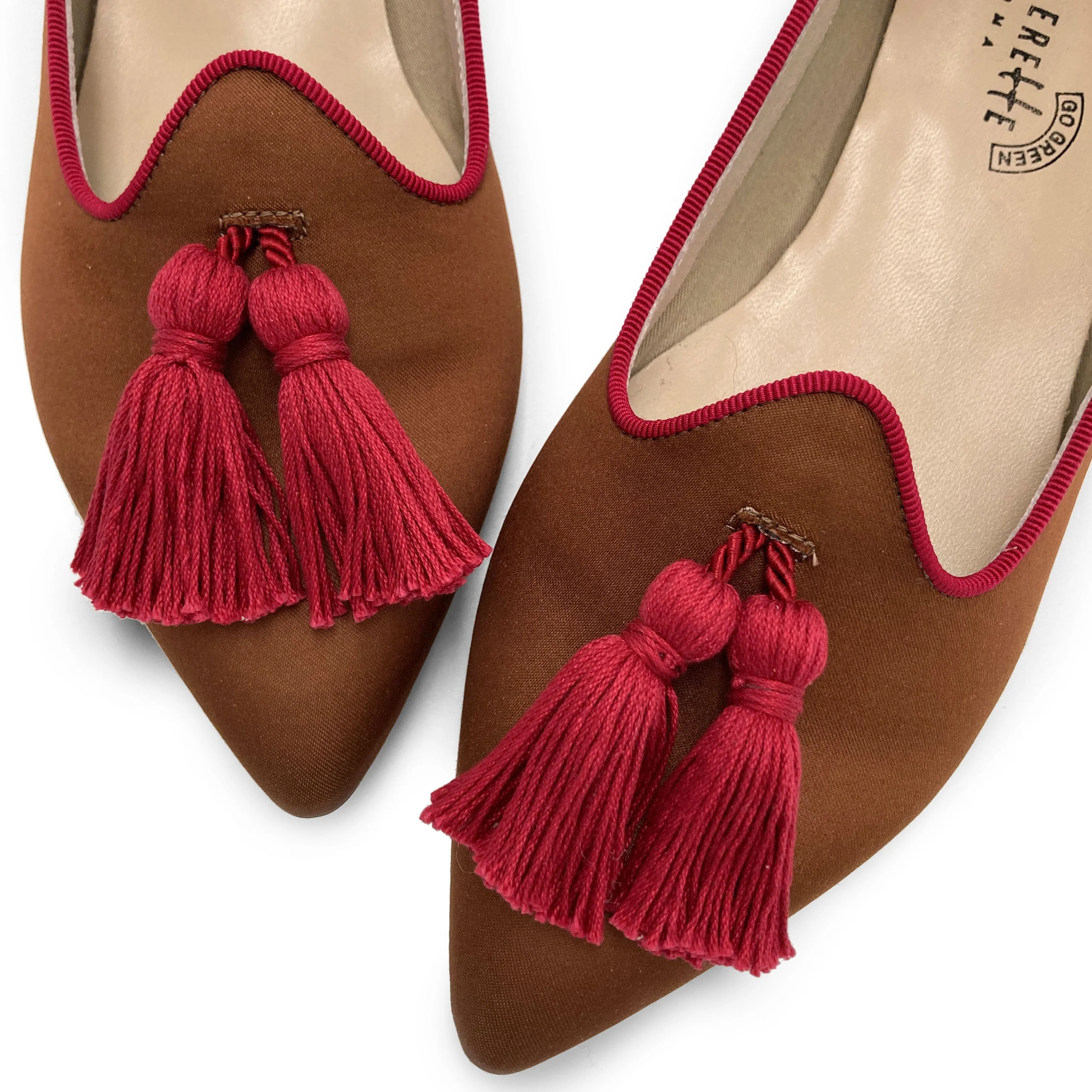 TT Go Green Collection - women’s brown eco-friendly satin moccasins with fuchsia tassels - Image 3