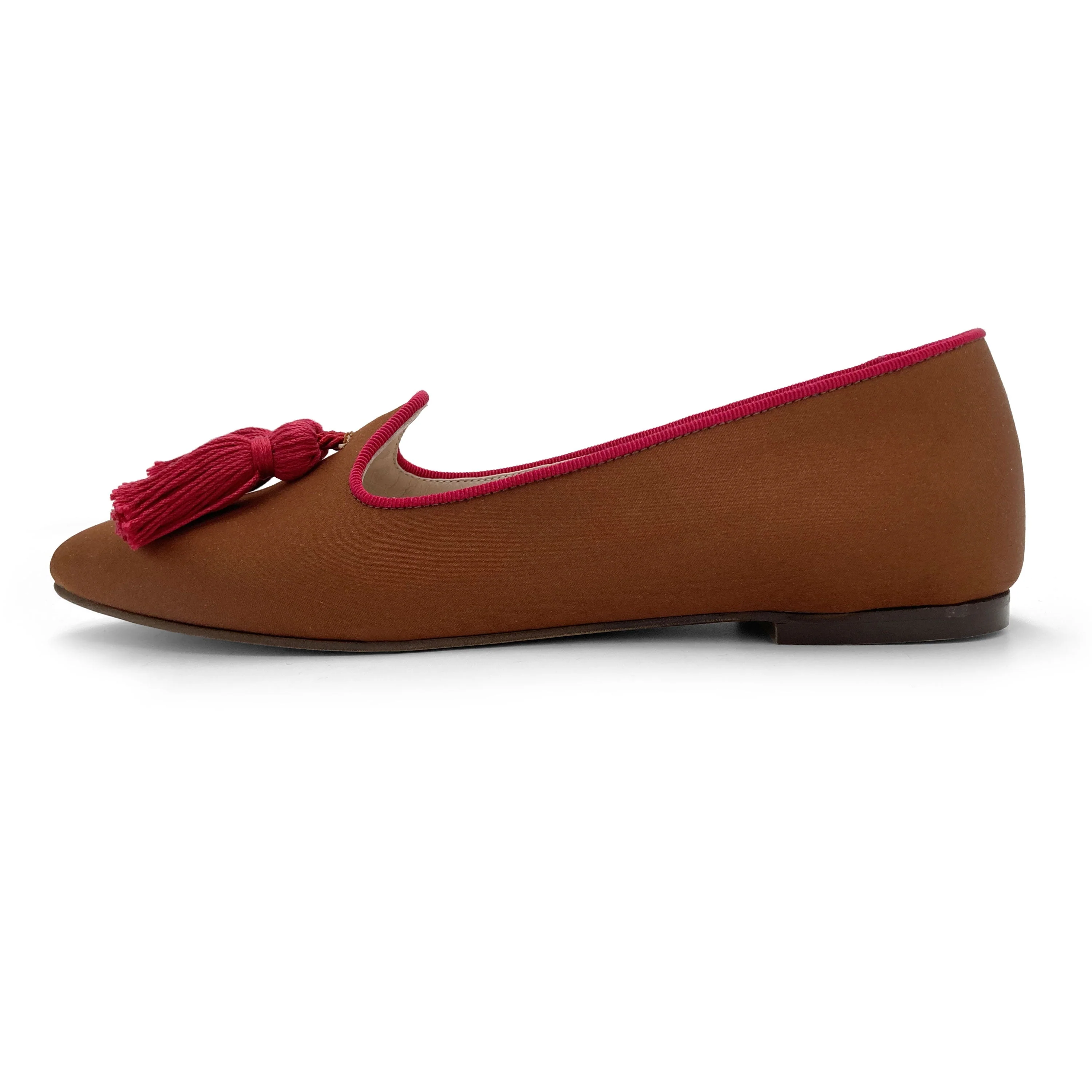 TT Go Green Collection - women’s brown eco-friendly satin moccasins with fuchsia tassels - Image 4
